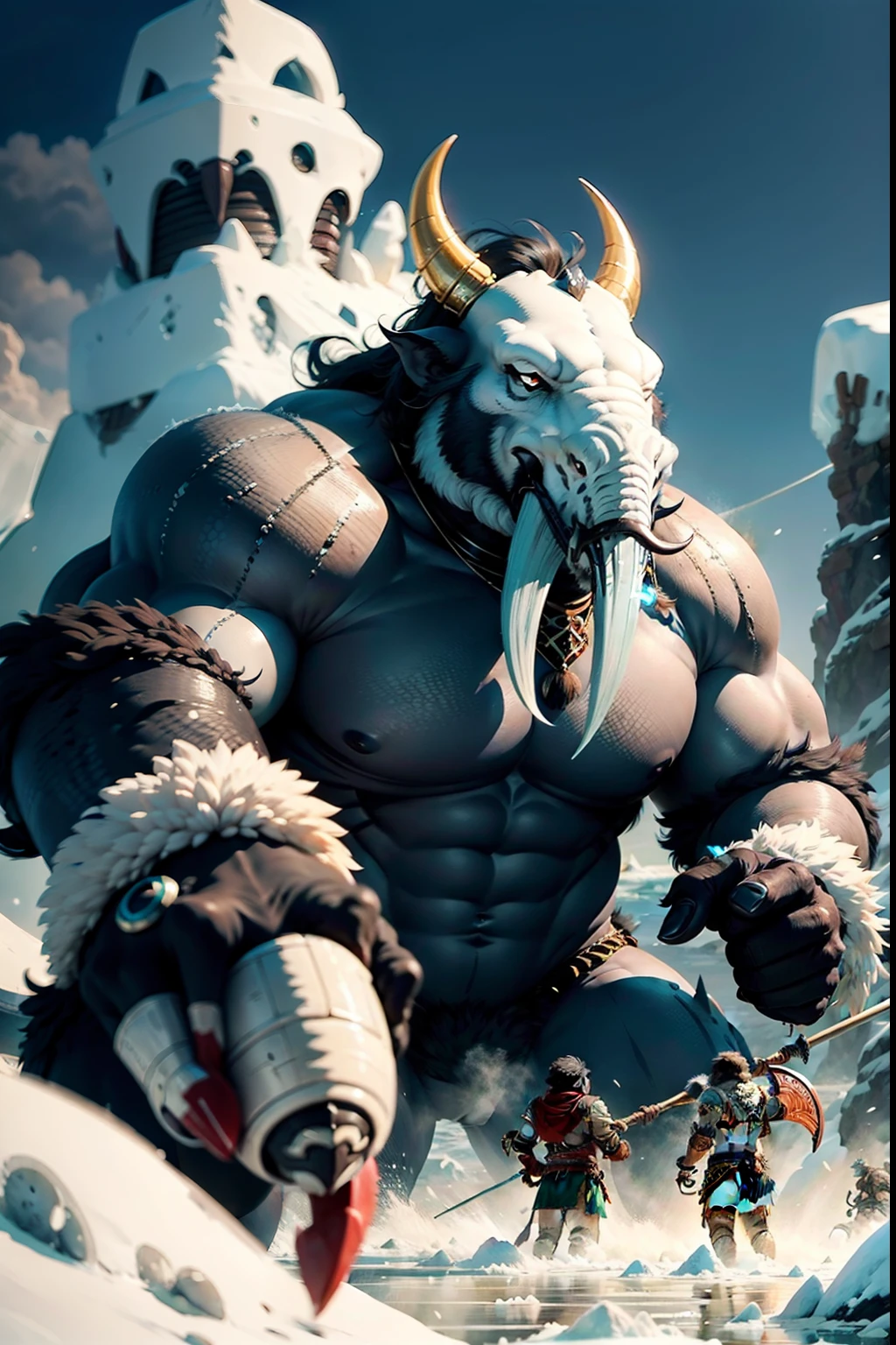 Tanoi are creatures, similar to walruses, inhabiting the icy wastelands of Krinna. They have thick ivory tusks, which they use as for protection, and for that, to pierce breathing holes in sea ice while swimming.

The Tanoi are skilled hunters, They are often at odds with monstrous creatures, inhabiting icy wastelands. In addition to their tusks, they use harpoons on long ropes, which they can quickly reel. Groups of Tanoy hunters work together, To destroy monsters, Much larger, than they themselves, including remorases [remorhaz] and white dragons.