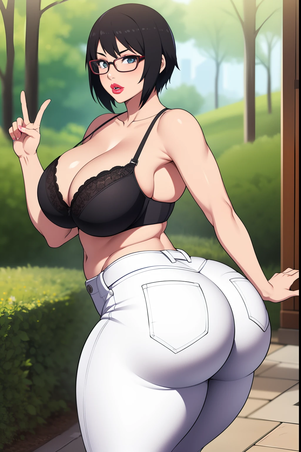 Shizune, 1girl, ((bimbo))), short black hair, glasses, puffy lips, painted lips, thick lips, wide hips, thick thighs, huge ass, bimbo face , enormous huge natural breasts, black bra, white jeans, hanging breasts, posing, hand signs,