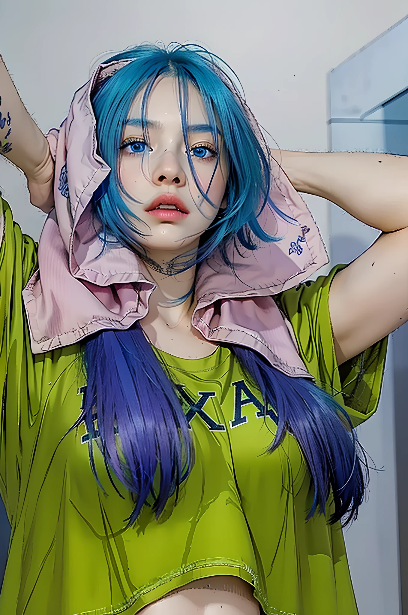 (photorealistic:1.4), best quality, masterpiece, ultra high res, 1girl, (detailed face:1.2), (detailed eyes:1.2), (detailed hair:1.2), (detailed clothes:1.2), 4k, (detailed color:1.2), perfect finger, (blue hair:1.2, (light blue eyes:1.2), annoyed face,