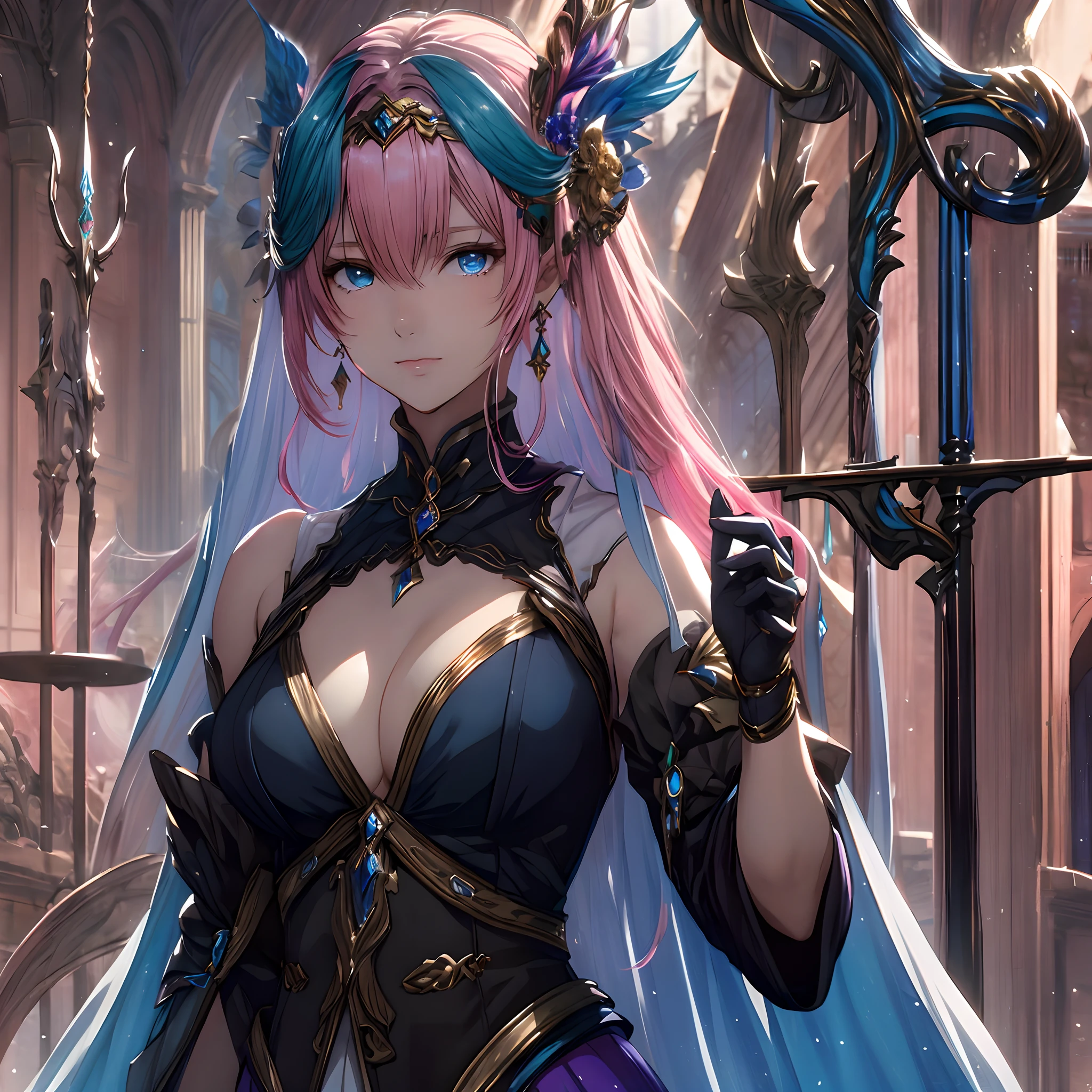masterpiece, best quality, 1woman adult, female focus, solo, pink hair, long hair, vibrant blue eyes, long hair, looking at viewer, closed mouth, Fantasy aesthetics, fantasy earring, Highly detailed, shadowverse style, bard, in the orchestra