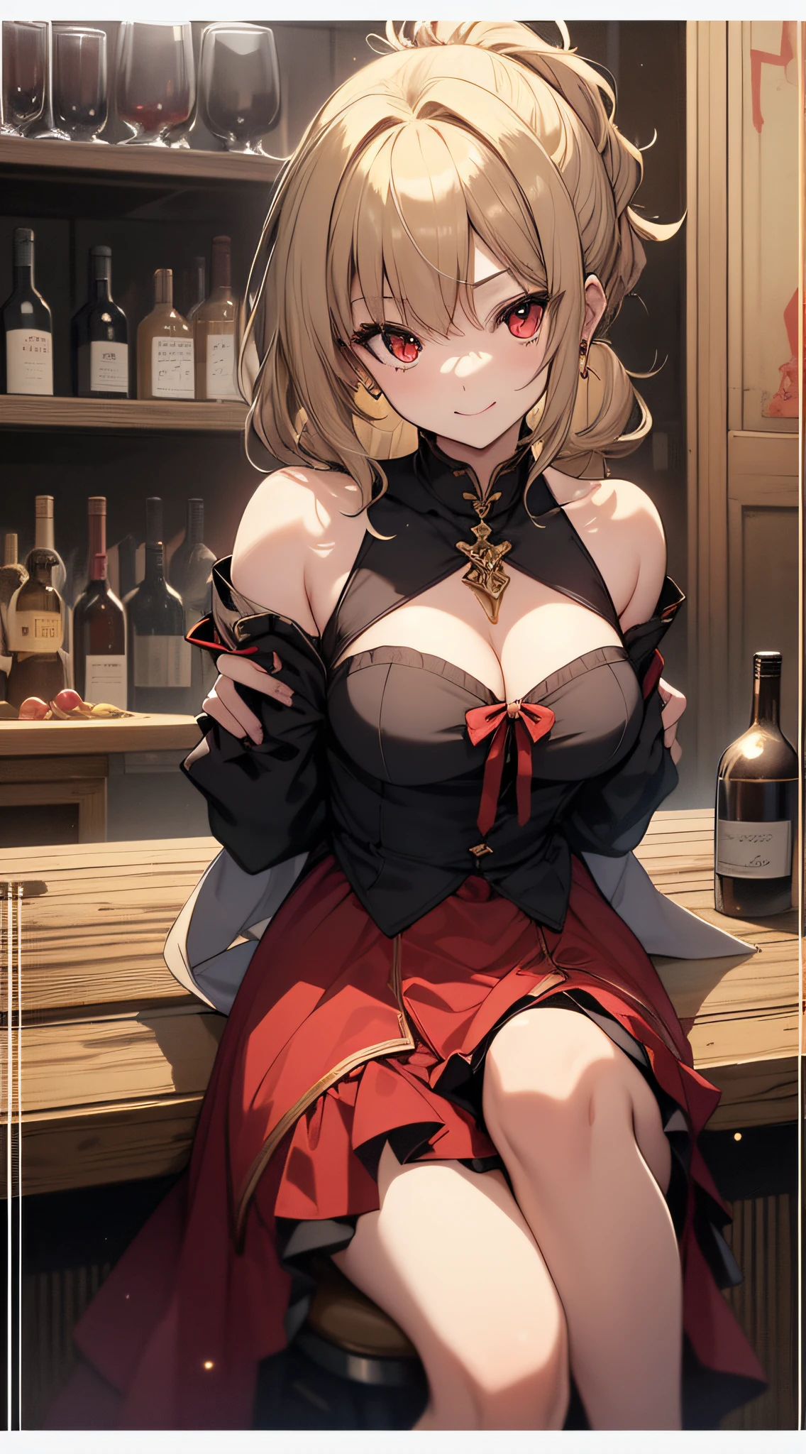 top-quality、Top image quality、masterpiece、girl with((18year old、Black and red dress、Best Bust、Bust 85、a blond、poneyTail、Red Eyes、open chest wide、Get closer to your audience、Happiness、A slight smil、Gold Accessories、a little drunk、holding a glass of wine、sit a chair))hiquality、visualart、Background with((Night Bar Counter))、
