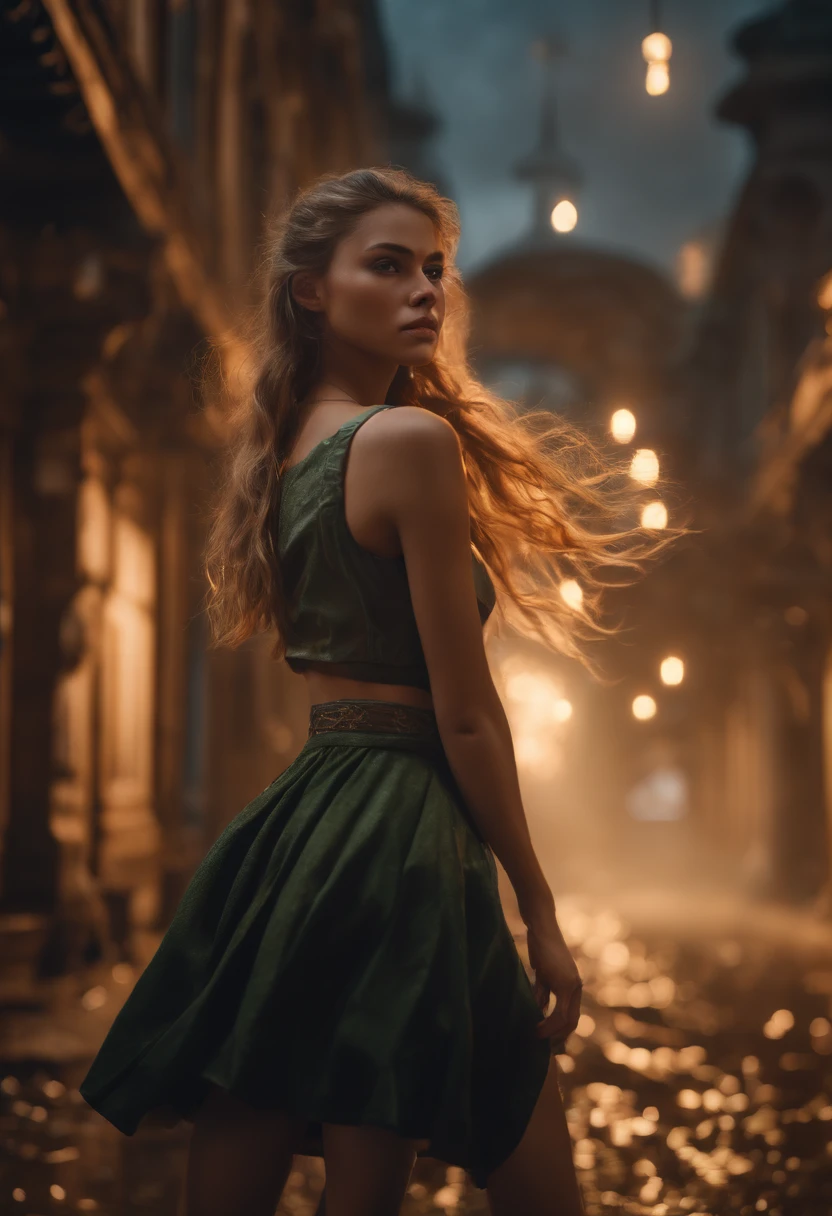 (professional 3d render:1.3) af (Realistic:1.3) most beautiful artwork photo in the world,Features soft and shiny young 15 yearsold cute girl ((Epic Modern futreristic hero fantasy rough angry look long messy hair and ferocious expression in dynamic pose, Fantastic location, Majestic cluttered environment)), full body 8k unity render, action shot, skin pore, dark lighting, heavy shading, Detailed, Detailed beautifulface, (vibrant, photograph realistic, Realistic, Dramatic, Dark, Sharp focus, 8K), (Old cotton garments damaged by weathering:1.4), ((((Wear skirt)))), (Intricate:1.4), decadent, (Highly detailed:1.4), Digital painting, rendering by octane, art stations, concept-art, smooth, Sharp focus, illustration, Art germ, (loish:0.23), wlop ilya kuvshinov, and greg rutkowski and alphonse mucha, (Global illumination, Studio light, volumettic light), heavy rain, particles floating, lotr, fantasy, elf, full bodyesbian, ((Dark and ancient city background:1.3)),CGSesociety,art stations
