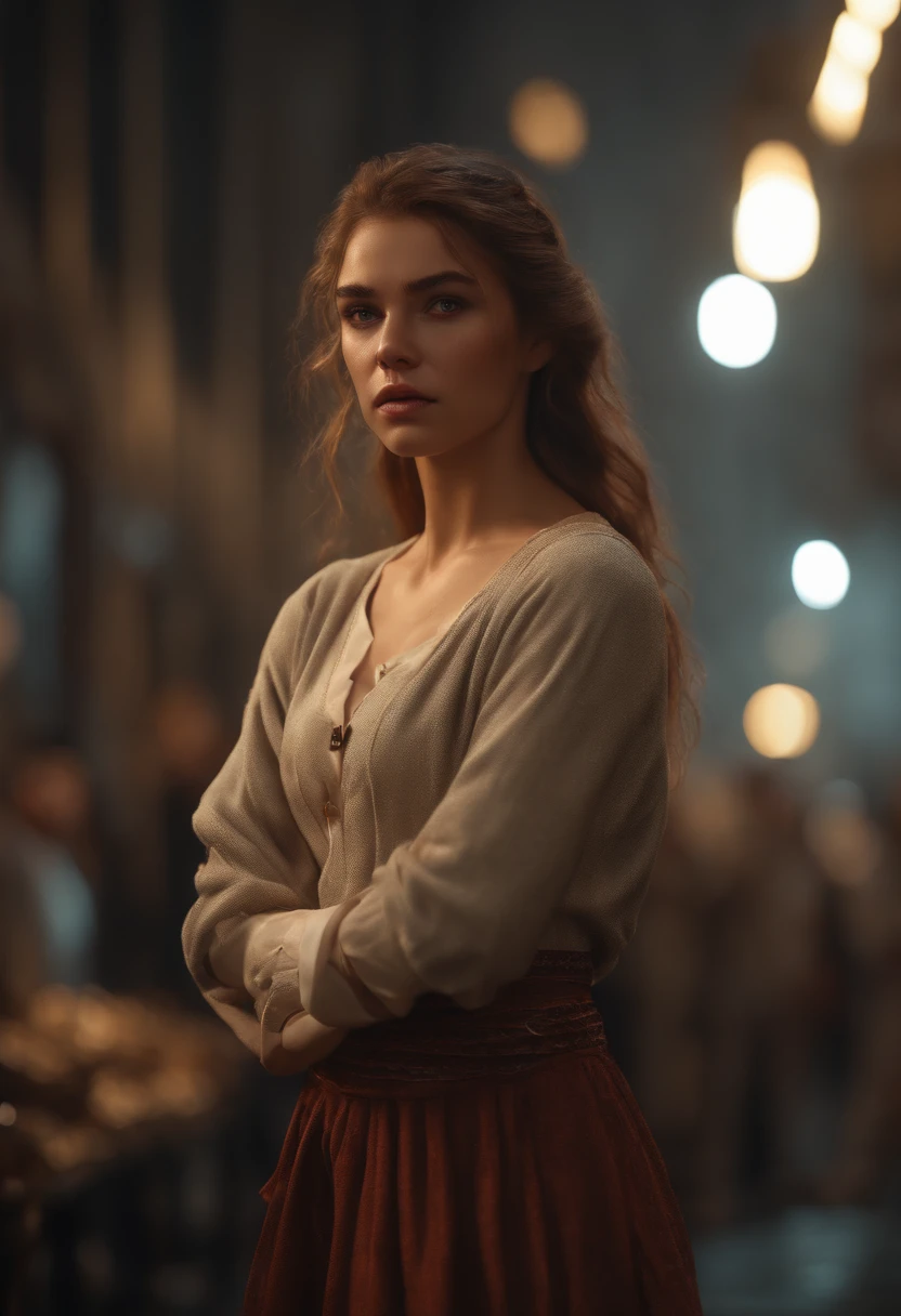 (professional 3d render:1.3) af (Realistic:1.3) most beautiful artwork photo in the world,Features soft and shiny cute girl ((Epic Modern futreristic hero fantasy rough angry look long messy hair and ferocious expression in dynamic pose, Fantastic location, Majestic cluttered environment)), full body 8k unity render, action shot, skin pore, dark lighting, heavy shading, Detailed, Detailed beautifulface, (vibrant, photograph realistic, Realistic, Dramatic, Dark, Sharp focus, 8K), (Old cotton garments damaged by weathering:1.4), ((((Wear skirt)))), (Intricate:1.4), decadent, (Highly detailed:1.4), Digital painting, rendering by octane, art stations, concept-art, smooth, Sharp focus, illustration, Art germ, (loish:0.23), wlop ilya kuvshinov, and greg rutkowski and alphonse mucha, (Global illumination, Studio light, volumettic light), heavy rain, particles floating, lotr, fantasy, elf, full bodyesbian, ((Dark and ancient city background:1.3)),CGSesociety,art stations