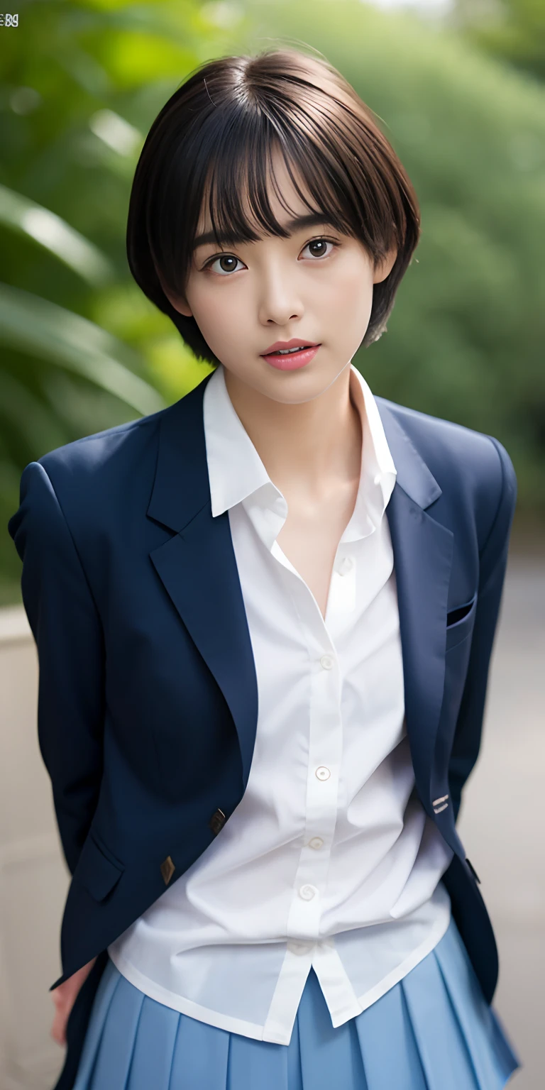 Neat and clean girl、(Schoolgirl Uniform、Loose and large shirt、Shoulders are visible、Nipple bumps、16yo gshirt wet、Sheer white shirt、Navy blue ribbon at the collar、School Uniform Blazer、Dark blue pleated micro mini)、Outside the field、(Slimed)、Photorealsitic、detaileds, Skin Texture, ultra-detailliert、Delicate and sexy collarbone、Super Detailed Face、Detailed lips、A detailed eye、二重まぶた、tiny chest、Smaller chest、small tit、Small、flat breast、Emphasis on the chest、Very distressed look、Very embarrassed look、Lift the hem of the skirt yourself,、Show the camera your white panties、pantyshot、The figure that seems to be able to see the panties、I can see my panties、Panties visible through the gap between the thighs、Panties visible through the gap between the legs、Panties visible from the legs、Short-cut hairstyles