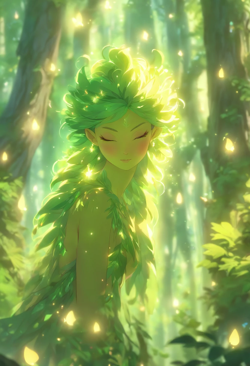 (best quality,4k,8k,highres,masterpiece:1.2),ultra-detailed,(realistic,photorealistic,photo-realistic:1.37),forest,captivating female Dryad creature,enchanted ethereal landscape,lush vegetation,majestic ancient trees,magical sunlight streaming through the branches,soft glowing moss covering the ground,faint transparent wings,delicate flowers blooming around her,fascinating eyes that emit a gentle glow,serene expression,graceful pose,artistic interpretation,subtle color palette,mystical atmosphere,playful and whimsical elements,mesmerizing presence,harmonious blending of the Dryad with her surroundings,immersive fantasy feeling,natural and realistic lighting