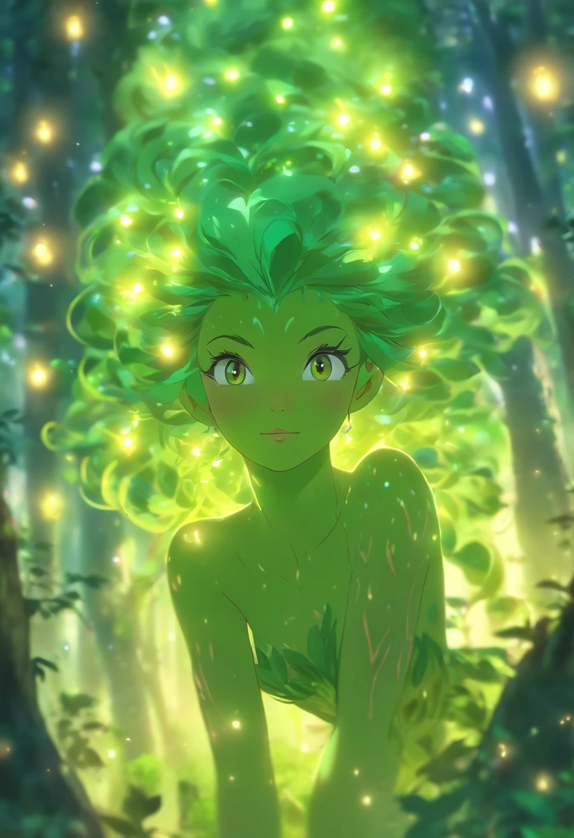 (best quality,4k,8k,highres,masterpiece:1.2),ultra-detailed,(realistic,photorealistic,photo-realistic:1.37),forest,captivating female Dryad creature,enchanted ethereal landscape,lush vegetation,majestic ancient trees,magical sunlight streaming through the branches,soft glowing moss covering the ground,faint transparent wings,delicate flowers blooming around her,fascinating eyes that emit a gentle glow,serene expression,graceful pose,artistic interpretation,subtle color palette,mystical atmosphere,playful and whimsical elements,mesmerizing presence,harmonious blending of the Dryad with her surroundings,immersive fantasy feeling,natural and realistic lighting
