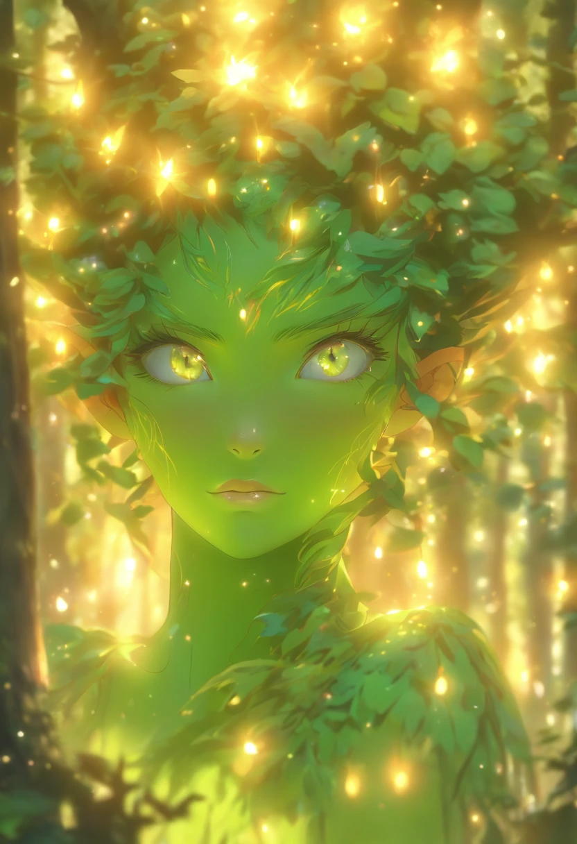 (best quality,4k,8k,highres,masterpiece:1.2),ultra-detailed,(realistic,photorealistic,photo-realistic:1.37),forest,captivating female Dryad creature,enchanted ethereal landscape,lush vegetation,majestic ancient trees,magical sunlight streaming through the branches,soft glowing moss covering the ground,faint transparent wings,delicate flowers blooming around her,fascinating eyes that emit a gentle glow,serene expression,graceful pose,artistic interpretation,subtle color palette,mystical atmosphere,playful and whimsical elements,mesmerizing presence,harmonious blending of the Dryad with her surroundings,immersive fantasy feeling,natural and realistic lighting