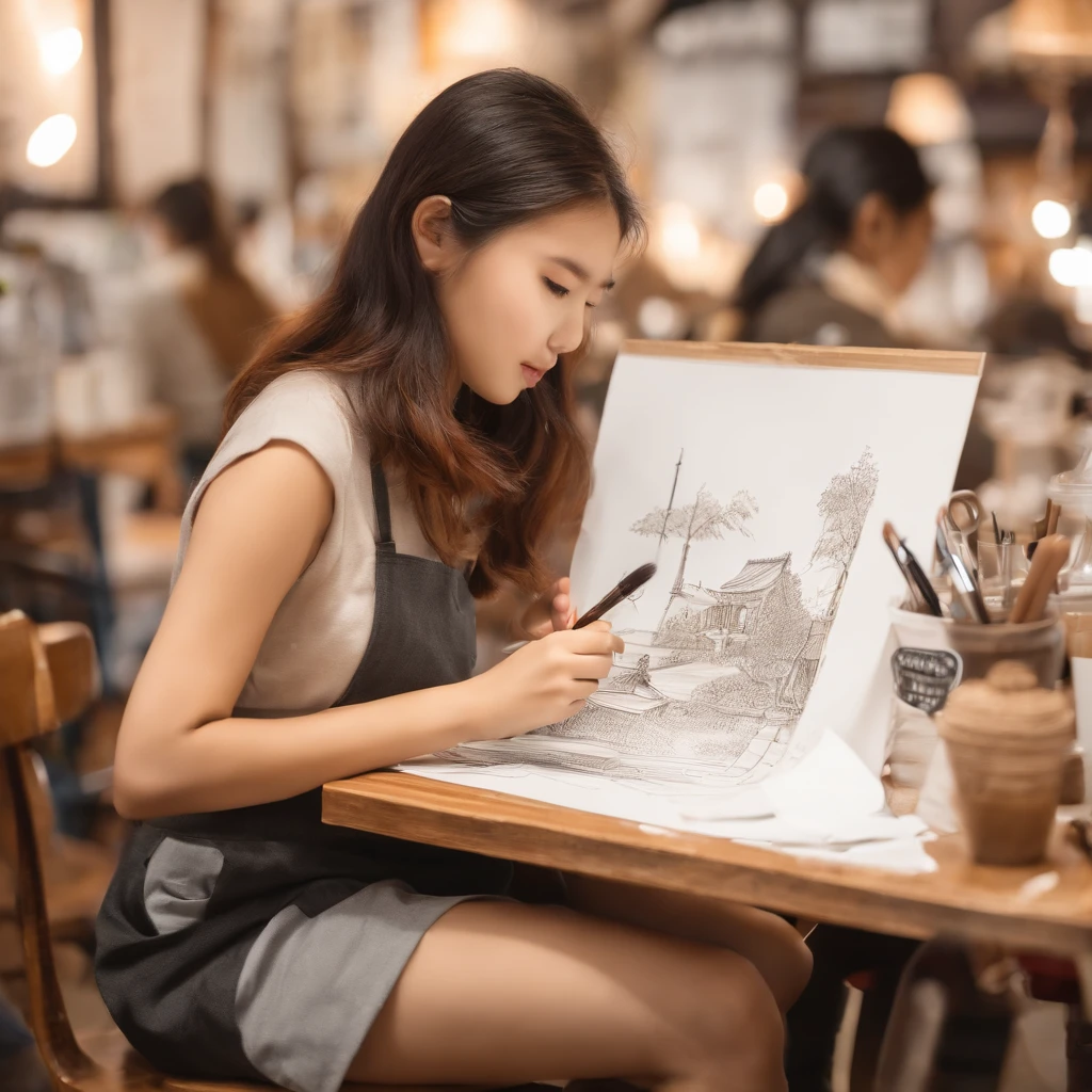 Young womans drawing togerther at a drawing workshop in coffee shop, asian girl, wide open, coffee shop, photoristic, realistic, young woman, wear brown apron, brush, blank canvas, drawing standee, canon 5d mark 3, 50mm lens