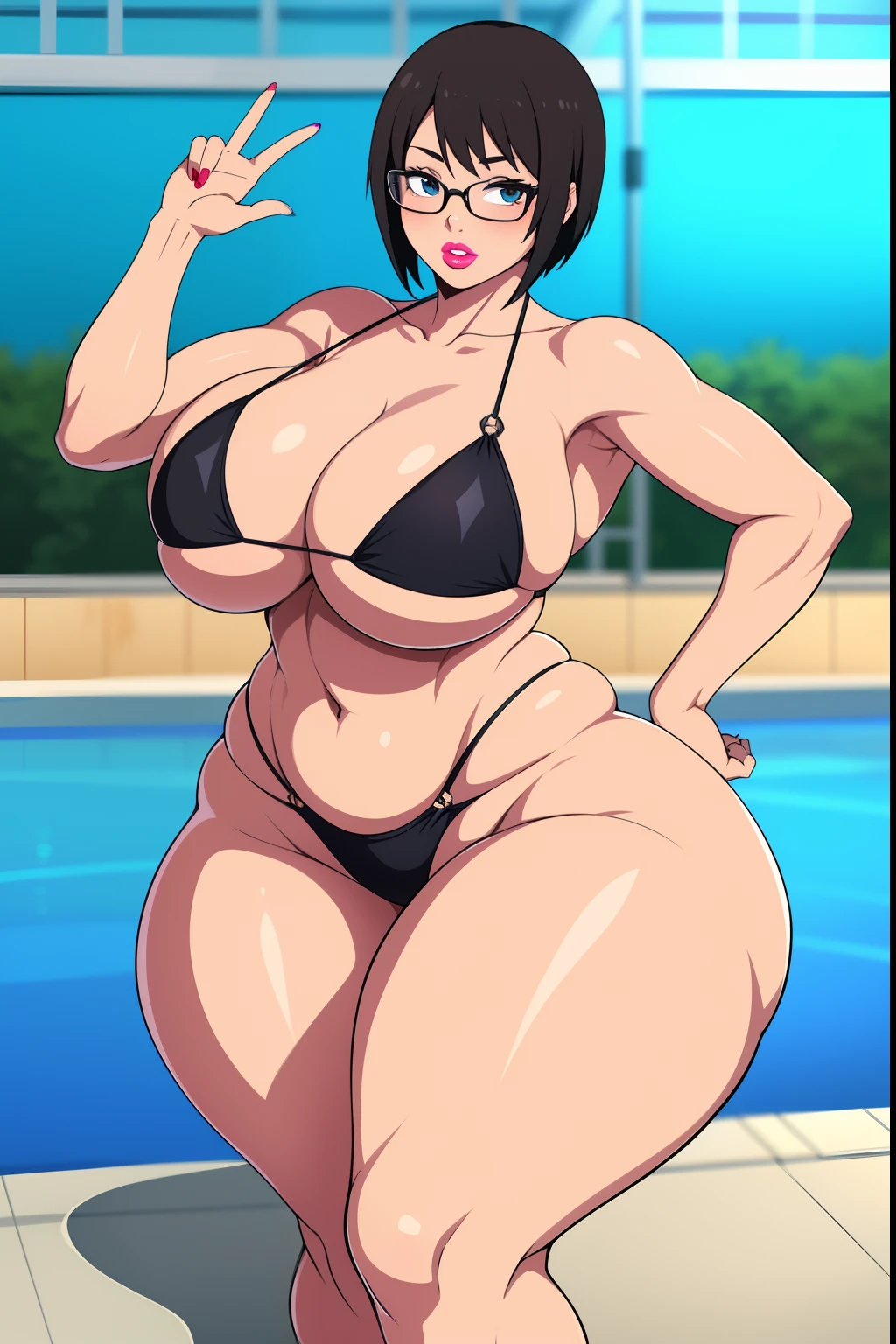 Shizune, 1girl, ((bimbo))), short black hair, glasses, puffy lips, painted lips, thick lips, wide hips, thick thighs, huge ass, bimbo face , enormous huge natural breasts, black bikini, in the pool, hanging breasts, posing, hand signs,