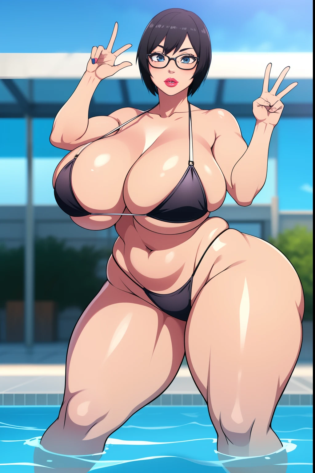 Shizune, 1girl, ((bimbo))), short black hair, glasses, puffy lips, painted lips, thick lips, wide hips, thick thighs, huge ass, bimbo face , enormous huge natural breasts, black bikini, in the pool, hanging breasts, posing, hand signs,