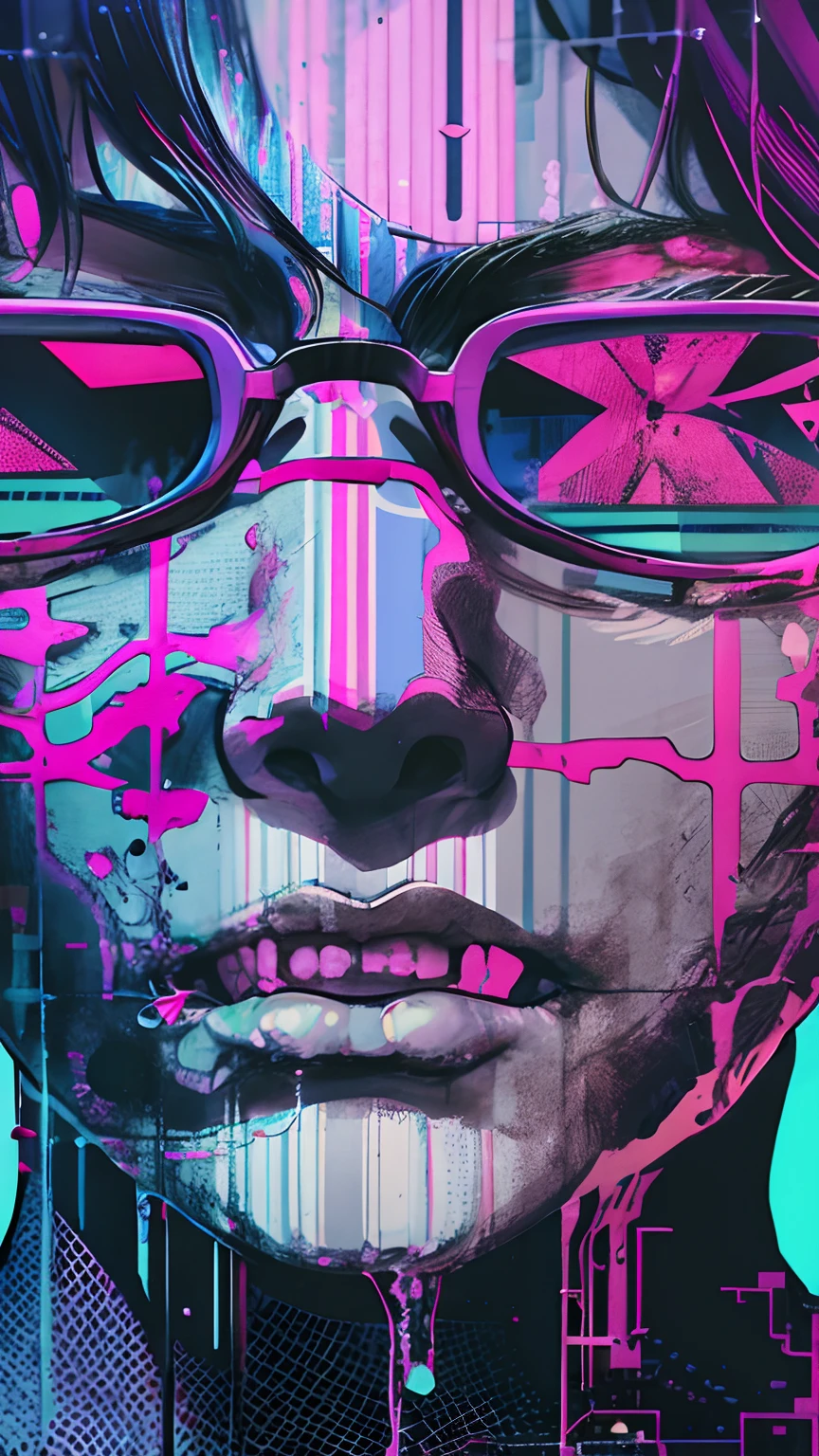(masutepiece), Best Quality, Expressive eyes, face perfect,(gritty:0.9),(80's aesthetic:1.1),(neons:0.8),(Retro:0.9),(analogue:1.1),(独奏:0.8),(1 person:0.6),(Calavera:0.5),(Sunglasses:0.7),(shinigami:0.5),(Purple and pink color scheme:0.9),(glitched:1.1),(uproar:1.0),(Black and white:0.6),(Drooping letters:0.8),(The aesthetics of vaporwave:1.2),(digital distortion:0.9),(macabre smile:0.7),(blood splash:0.8),(darkness:0.9),