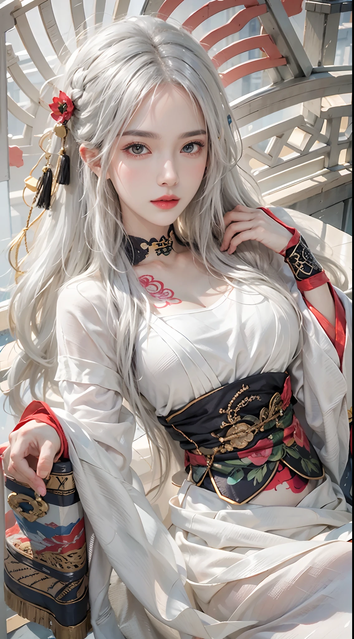 photorealistic, high resolution, 1women, solo, full body, look at viewer, (detailed face), white hair, long hair, medium breasts, tattoo, taoist