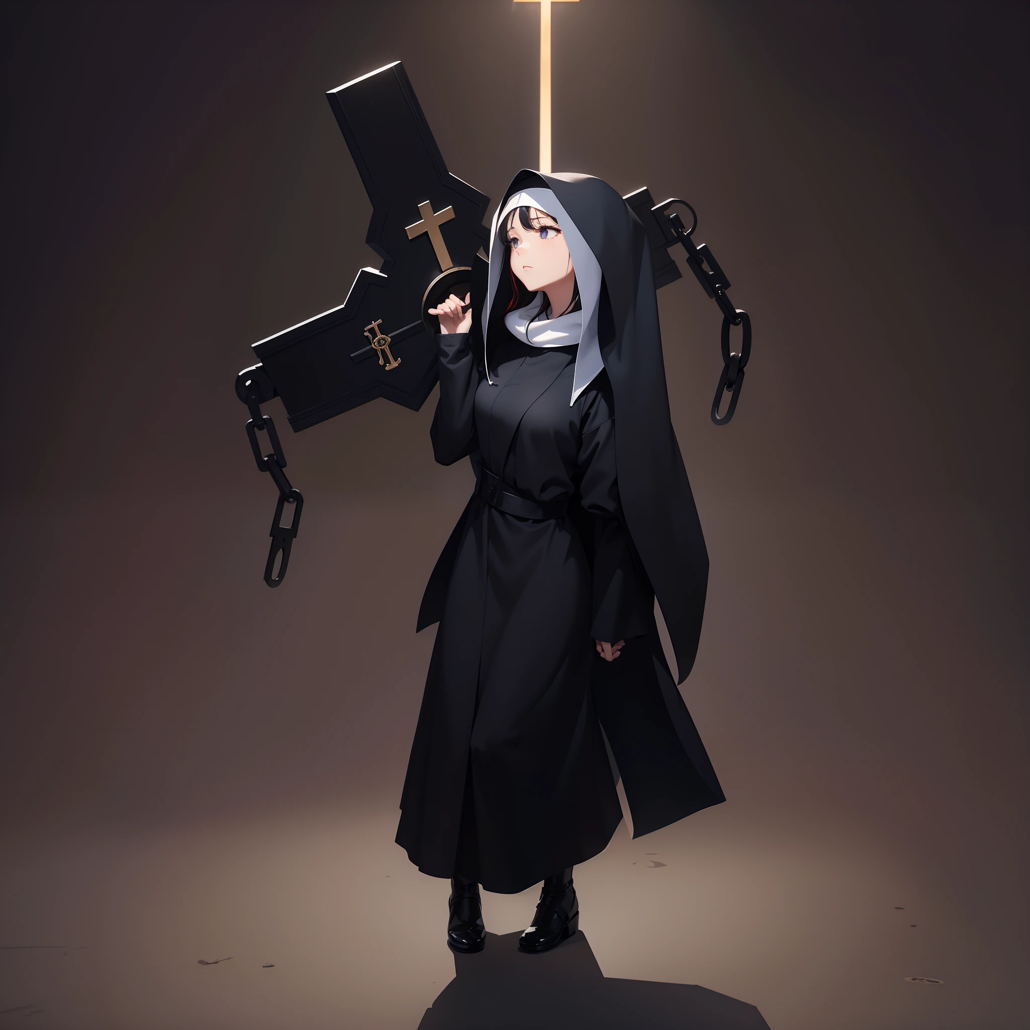 (Woman with a large cross)、Full body depiction、(No background)、Standing alone、((Young nun))、Inner Color Hair、(Veteran Hero)、The ultra -The high-definition、Sisters Costume、、Black eyes、Golden Cross、