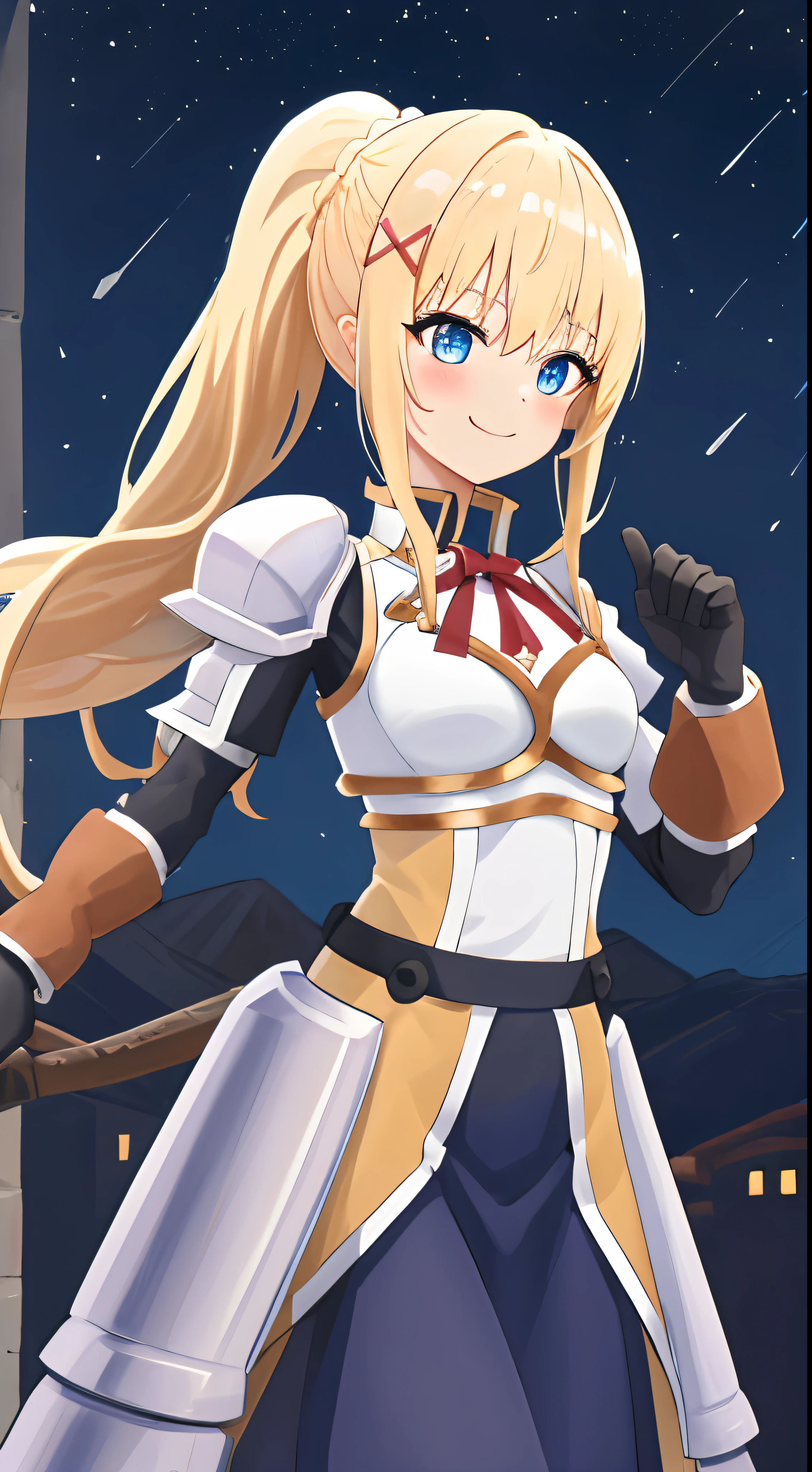 top-quality、Hi-Res、1girl in、length hair、blonde  hair、X Hair Ornament、s Armor、blue eyess、poneyTail、hair adornments、gloves、armor on the shoulders、Braids、Black Gloves、pauldron、white  boots、The Darkness\(Konosuba\)、cowboy  shot、borgar、plein air、(agitation:1.2)、red blush,A smile、Rut