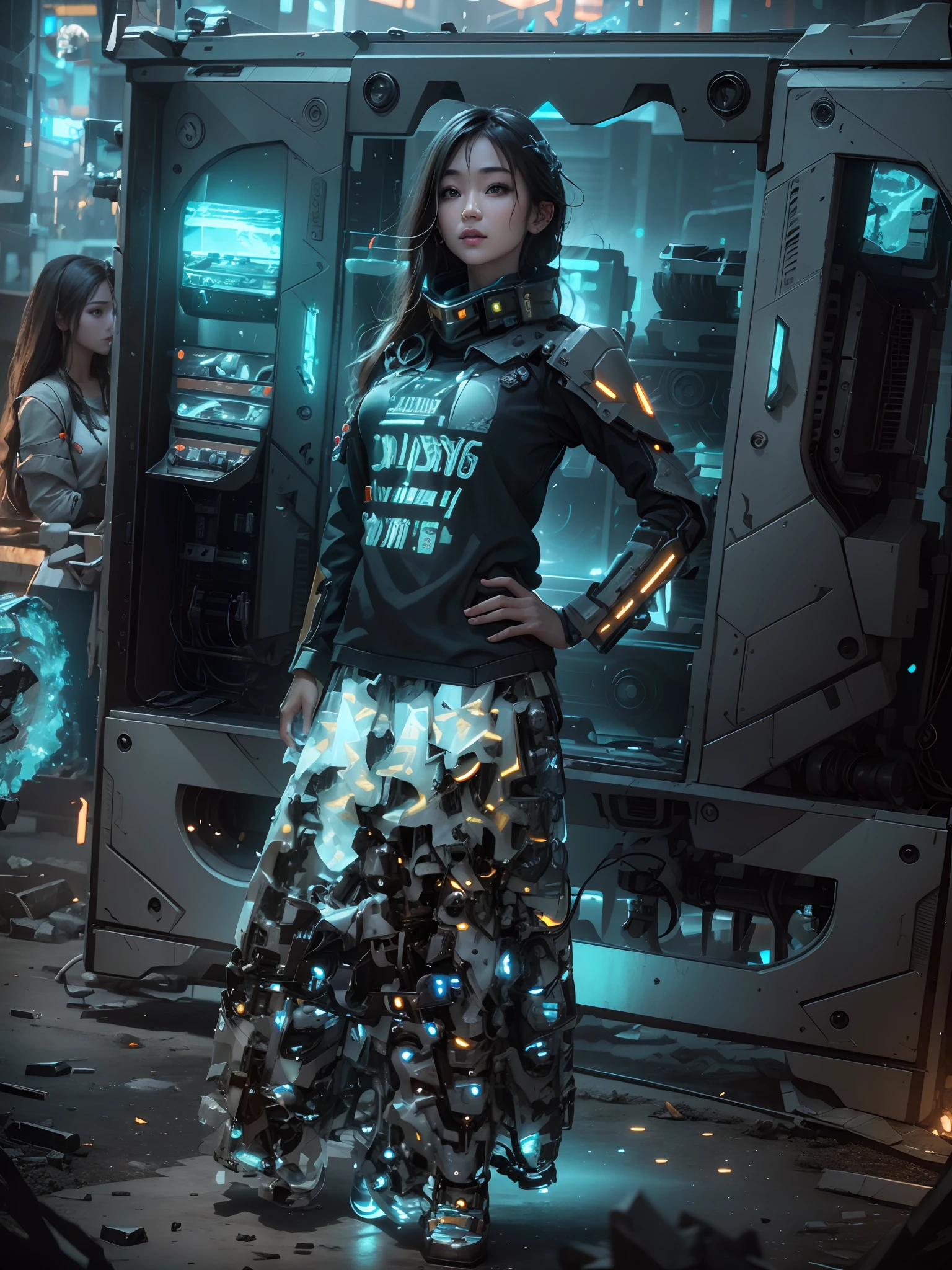 ((Best quality)), ((masterpiece)), (highly detailed:1.3), 3D,Shitu-mecha, beautiful cyberpunk women with her mecha in the ruins of city from a forgoten war, ancient technology,HDR (High Dynamic Range),Ray Tracing,NVIDIA RTX,Super-Resolution,Unreal 5,Subsurface scattering,PBR Texturing,Post-processing,Anisotropic Filtering,Depth-of-field,Maximum clarity and sharpness,Multi-layered textures,Albedo and Specular maps,Surface shading,Accurate simulation of light-material interaction,Perfect proportions,Octane Render,Two-tone lighting,Low ISO,White balance,Rule of thirds,Wide aperature,8K RAW,Efficient Sub-Pixel,sub-pixel convolution,luminescent particles,light scattering,Tyndall effect