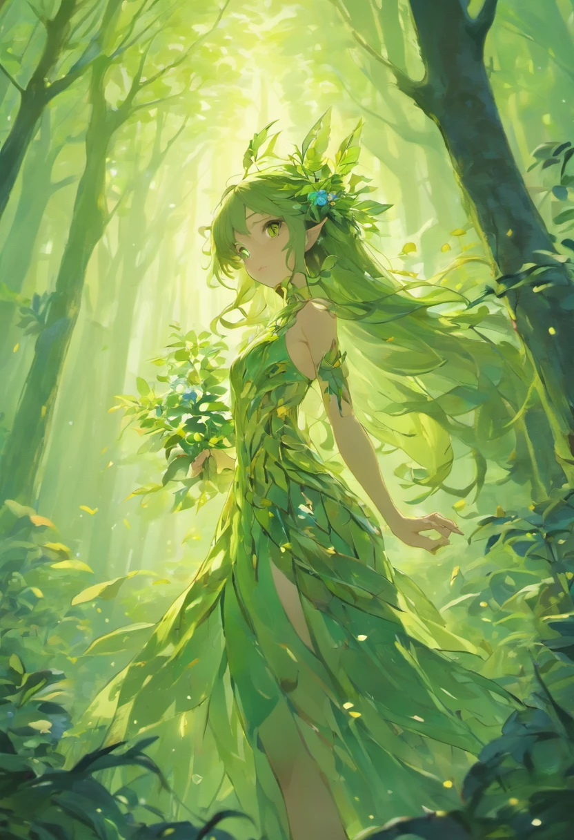 (best quality,4k,8k,highres,masterpiece:1.2),ultra-detailed,(realistic,photorealistic,photo-realistic:1.37),forest,captivating female Dryad creature,enchanted ethereal landscape,lush vegetation,majestic ancient trees,magical sunlight streaming through the branches,soft glowing moss covering the ground,faint transparent wings,delicate flowers blooming around her,fascinating eyes that emit a gentle glow,serene expression,graceful pose,artistic interpretation,subtle color palette,mystical atmosphere,playful and whimsical elements,mesmerizing presence,harmonious blending of the Dryad with her surroundings,immersive fantasy feeling,natural and realistic lighting