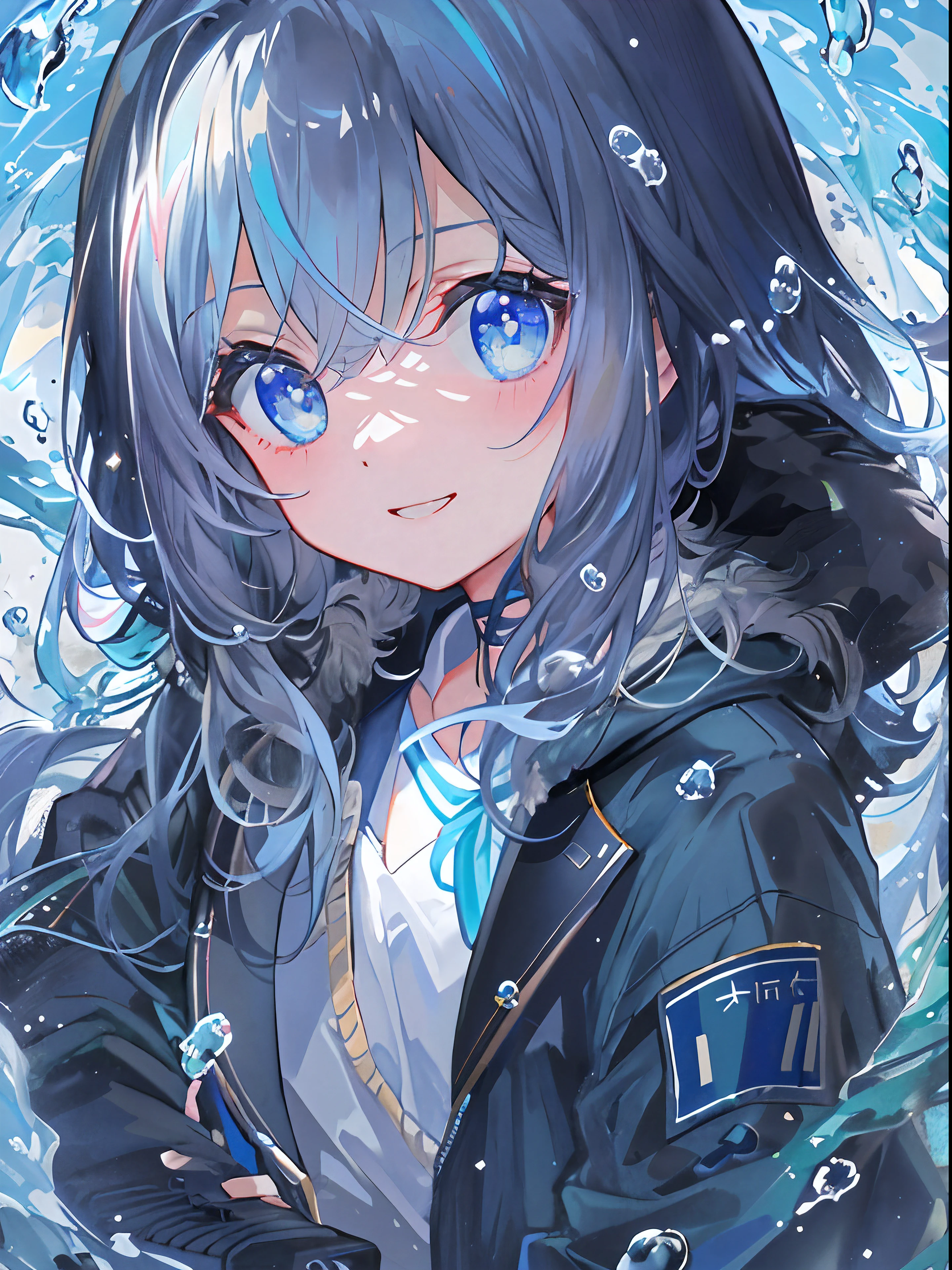 ((top-quality)), ((​masterpiece)), ((ultra-detailliert)), (extremely delicate and beautiful), girl with, 独奏, cold attitude,((Black jacket)),She is very(relax)with  the(Settled down)Looks,A dark-haired, depth of fields,evil smile,Bubble, under the water, Air bubble,bright light blue eyes,Inner color with light blue hair and dark blue tips,Cold background,Bob Hair - Linear Art, shortpants、knee high socks、White uniform like school uniform、Light blue ribbon ties、Clothes are sheer、Hands in pockets