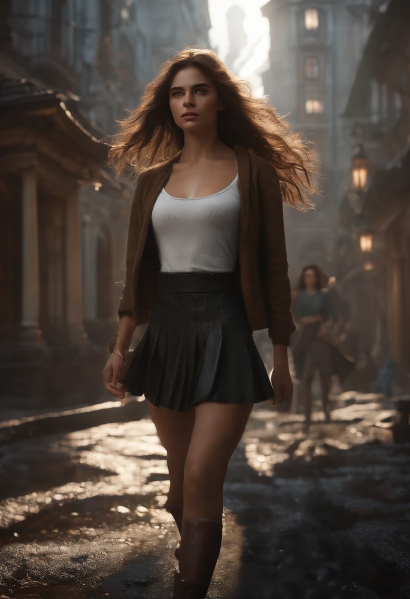 (professional 3d render:1.3) af (Realistic:1.3) most beautiful artwork photo in the world,Features soft and shiny young 15 yearsold cute girl ((Epic Modern futreristic hero fantasy rough angry look long black straight messy hair and ferocious expression in dynamic pose, Fantastic location, Majestic cluttered environment)), full body 8k unity render, action shot, skin pore, dark lighting, heavy shading, Detailed, Detailed beautifulface, (vibrant, photograph realistic, Realistic, Dramatic, Dark, Sharp focus, 8K), (Old cotton garments damaged by weathering:1.4), ((((Wear skirt)))), (Intricate:1.4), decadent, (Highly detailed:1.4), Digital painting, rendering by octane, art stations, concept-art, smooth, Sharp focus, illustration, Art germ, (loish:0.23), wlop ilya kuvshinov, and greg rutkowski and alphonse mucha, (Global illumination, Studio light, volumettic light), heavy rain, particles floating, lotr, fantasy, elf, full bodyesbian, ((Dark and ancient city background:1.3)),CGSesociety,art stations