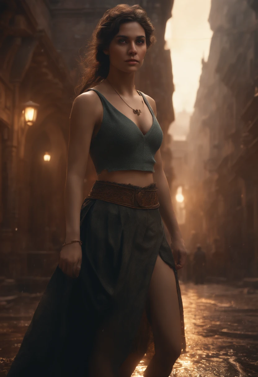 (professional 3d render:1.3) af (Realistic:1.3) most beautiful artwork photo in the world,Features soft and shiny young 15 yearsold cute girl ((Epic Modern futreristic hero fantasy rough angry look long black straight messy hair and ferocious expression in dynamic pose, Fantastic location, Majestic cluttered environment)), full body 8k unity render, action shot, skin pore, dark lighting, heavy shading, Detailed, Detailed beautifulface, (vibrant, photograph realistic, Realistic, Dramatic, Dark, Sharp focus, 8K), (Old cotton garments damaged by weathering:1.4), ((((Wear skirt)))), (Intricate:1.4), decadent, (Highly detailed:1.4), Digital painting, rendering by octane, art stations, concept-art, smooth, Sharp focus, illustration, Art germ, (loish:0.23), wlop ilya kuvshinov, and greg rutkowski and alphonse mucha, (Global illumination, Studio light, volumettic light), heavy rain, particles floating, lotr, fantasy, elf, full bodyesbian, ((Dark and ancient city background:1.3)),CGSesociety,art stations