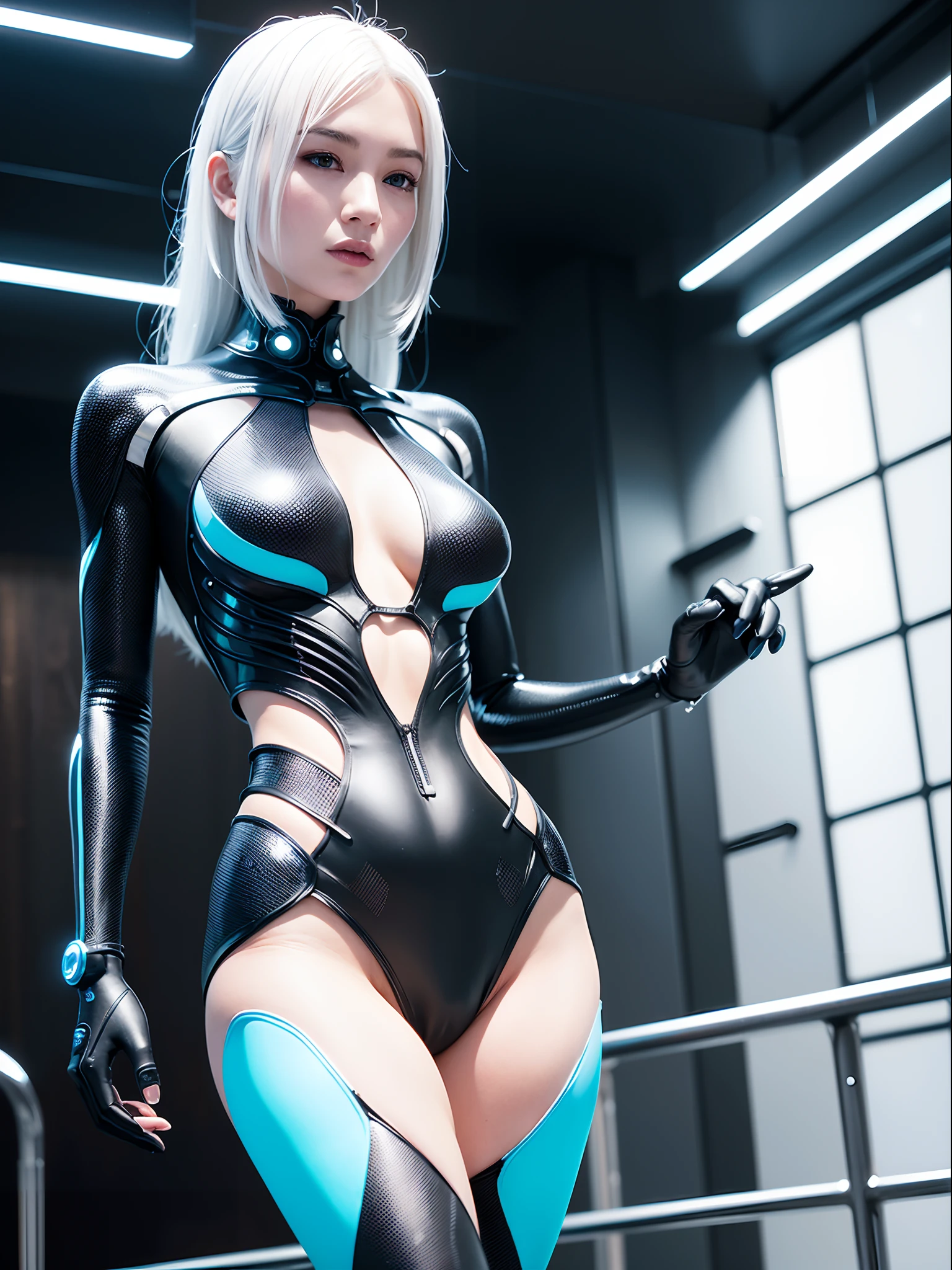 complex 3d render ultra detailed of a beautiful porcelain profile woman android face, black gross lycra body suit, luminous blue strip, cyborg, robotic parts,robotic arms, mechanic legs, look at viewer, 150 mm, soft light, rim light, vibrant details, luxurious cyberpunk, lace, hyperrealistic, anatomical, facial muscles, tight body, cable electric wires, microchip, elegant, beautiful background, octane render, H. R. Giger style, 8k, best quality, masterpiece, illustration, an extremely delicate and beautiful, extremely detailed ,CG ,unity ,wallpaper, (realistic, photo-realistic:1.37),Amazing, finely detail, masterpiece,best quality,official art, extremely detailed CG unity 8k wallpaper, full body, grin, standing, sexy pose, small breasts, futuristic city, building, outdoor