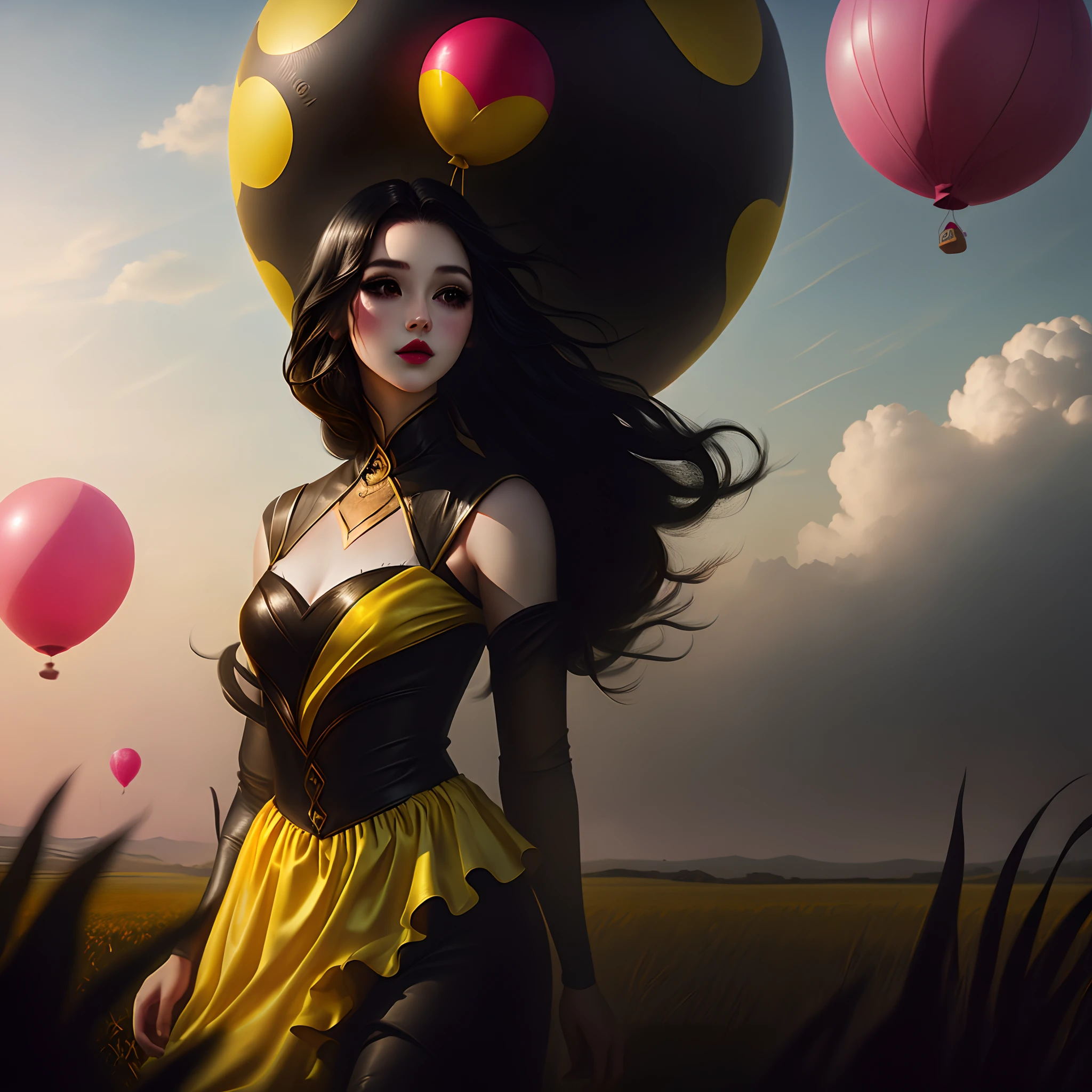 A girl, with yellow sare, long black hair,pink lips , smooth skin, high quality,in a mustered fields, baloon in the sky, clouds, day