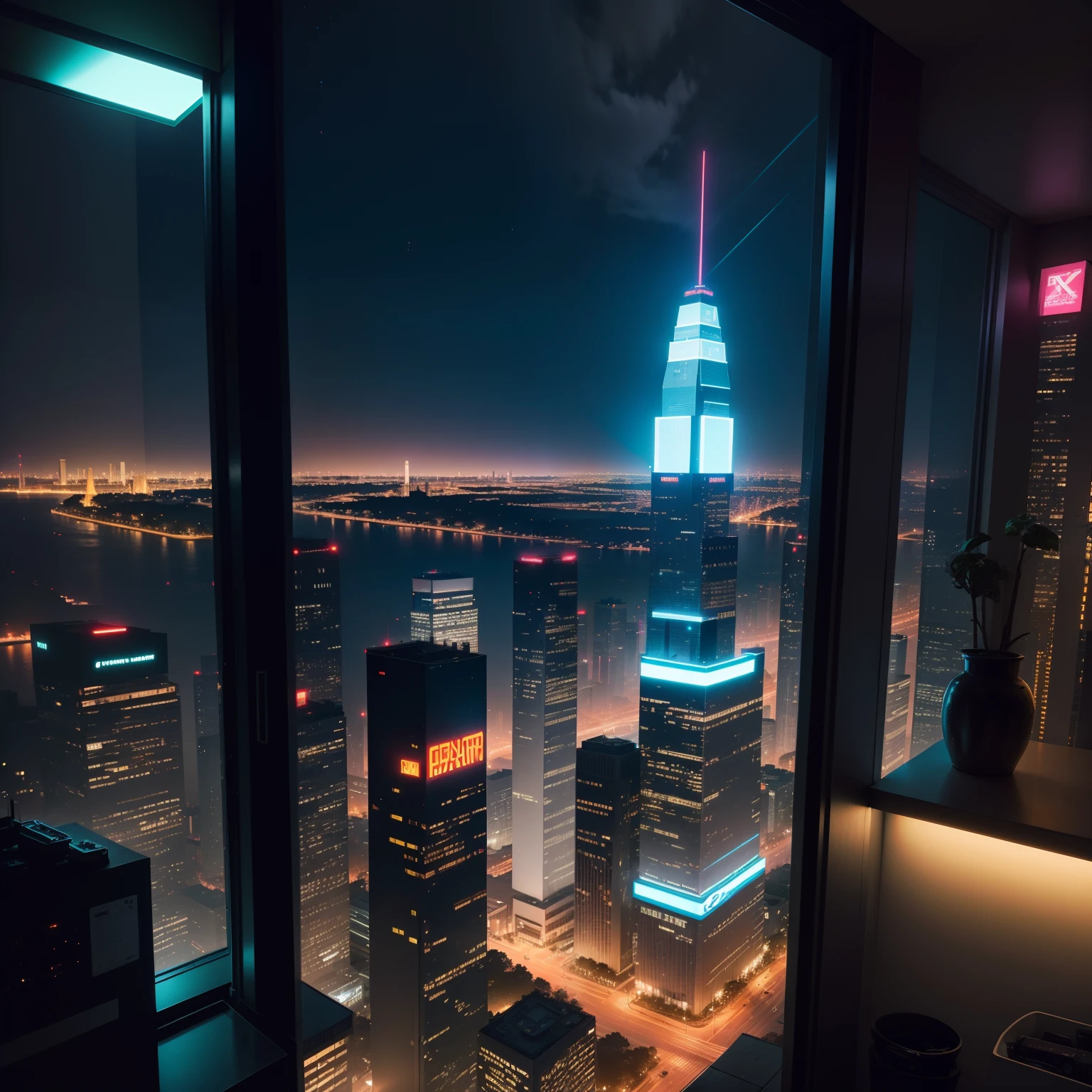 Cyberpunk view from a high-rise hotel room、beautiful night scene、neons、epcot、SFart by、top-quality、masterpiece、超A high resolution、Future Hotel、HD Images、Megacities