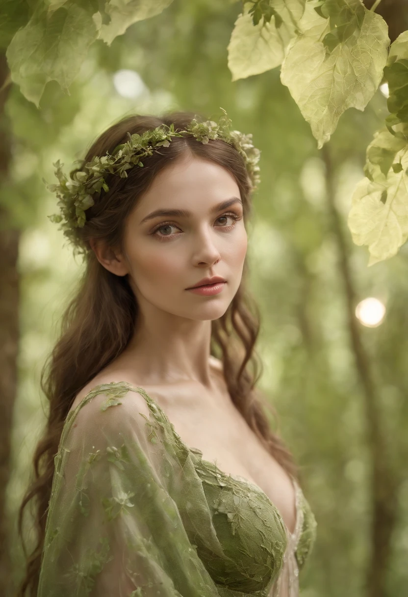 (best quality,4k,8k,highres,masterpiece:1.2),ultra-detailed,(realistic,photorealistic,photo-realistic:1.37),forest,captivating female Dryad creature,enchanted ethereal landscape,lush vegetation,majestic ancient trees,magical sunlight streaming through the branches,soft glowing moss covering the ground,faint transparent wings,delicate flowers blooming around her,fascinating eyes that emit a gentle glow,serene expression,graceful pose,artistic interpretation,subtle color palette,mystical atmosphere,playful and whimsical elements,mesmerizing presence,harmonious blending of the Dryad with her surroundings,immersive fantasy feeling,natural and realistic lighting