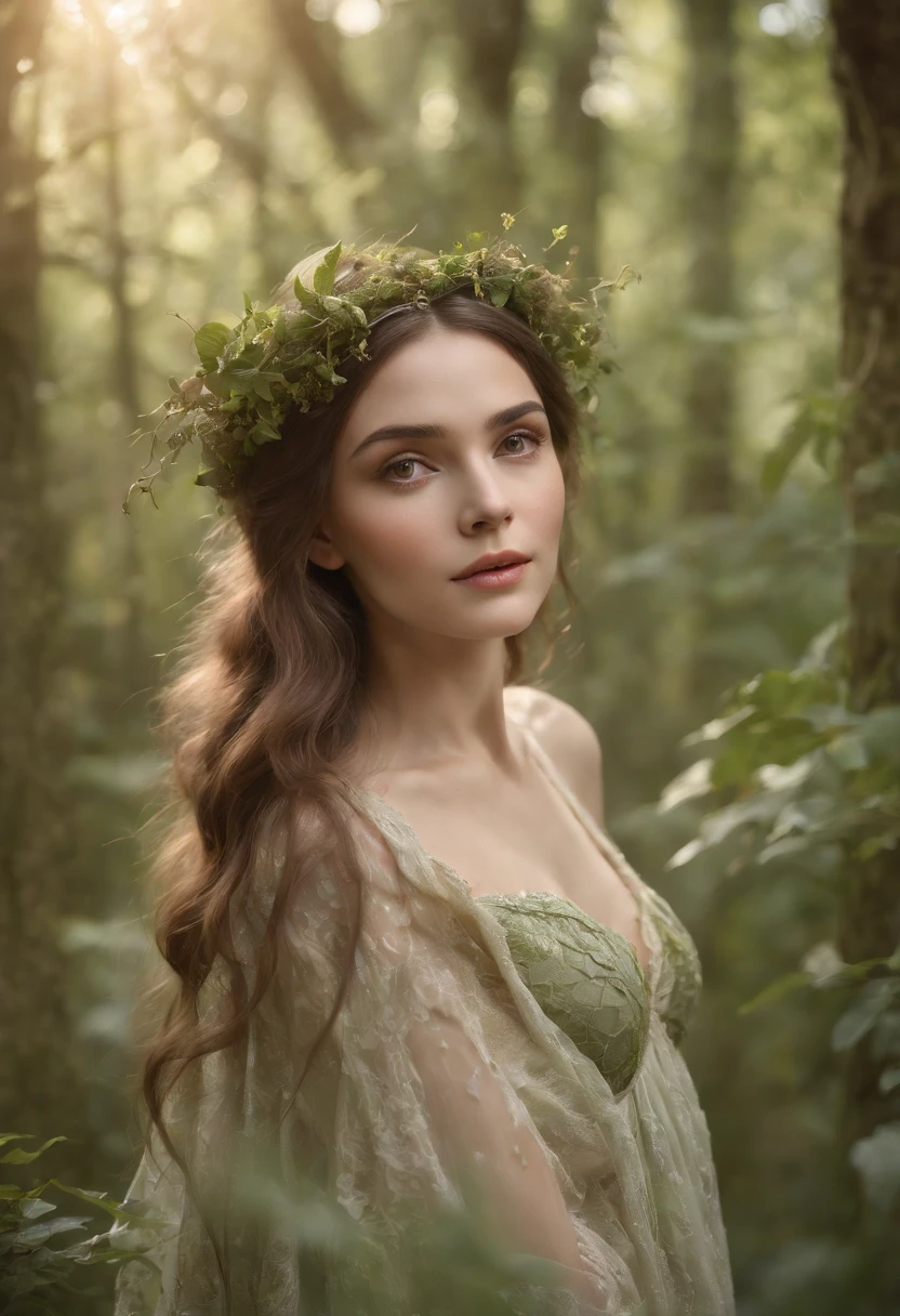 (best quality,4k,8k,highres,masterpiece:1.2),ultra-detailed,(realistic,photorealistic,photo-realistic:1.37),forest,captivating female Dryad creature,enchanted ethereal landscape,lush vegetation,majestic ancient trees,magical sunlight streaming through the branches,soft glowing moss covering the ground,faint transparent wings,delicate flowers blooming around her,fascinating eyes that emit a gentle glow,serene expression,graceful pose,artistic interpretation,subtle color palette,mystical atmosphere,playful and whimsical elements,mesmerizing presence,harmonious blending of the Dryad with her surroundings,immersive fantasy feeling,natural and realistic lighting