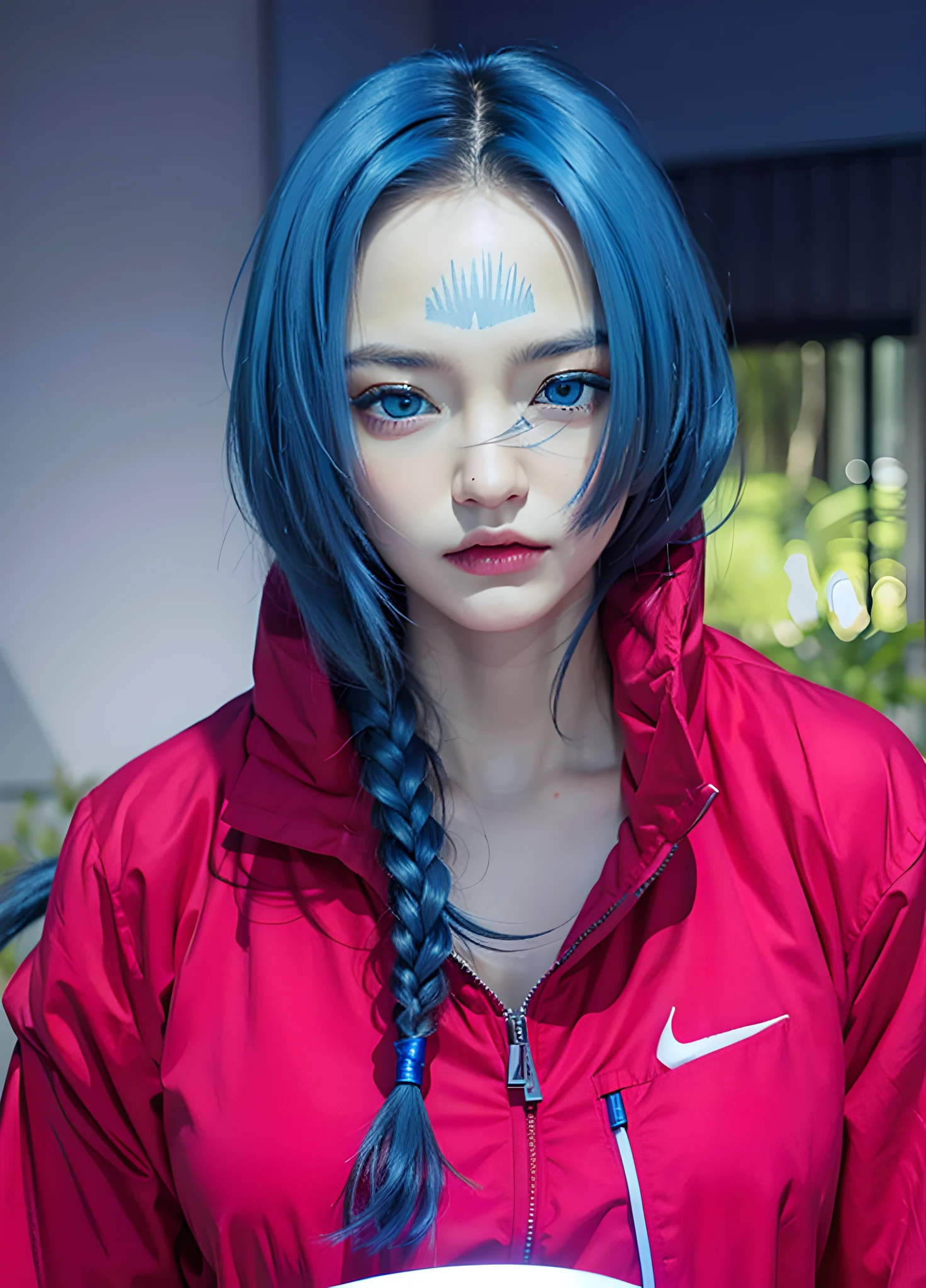 (photorealistic:1.4), best quality, masterpiece, ultra high res, 1girl, (detailed face:1.2), (detailed eyes:1.2), (detailed hair:1.2), (detailed clothes:1.2), 4k, (detailed color:1.2), perfect finger, (blue hair:1.2, (light blue eyes:1.2), anggry face,