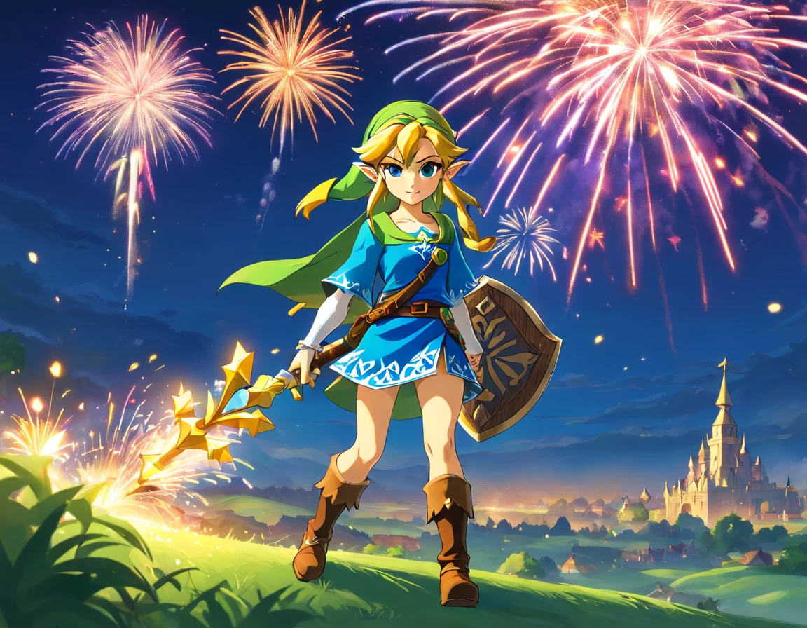zelda,game footage,On the outskirts of the city,Hero standing on a branch,Beautiful fireworks from afar
