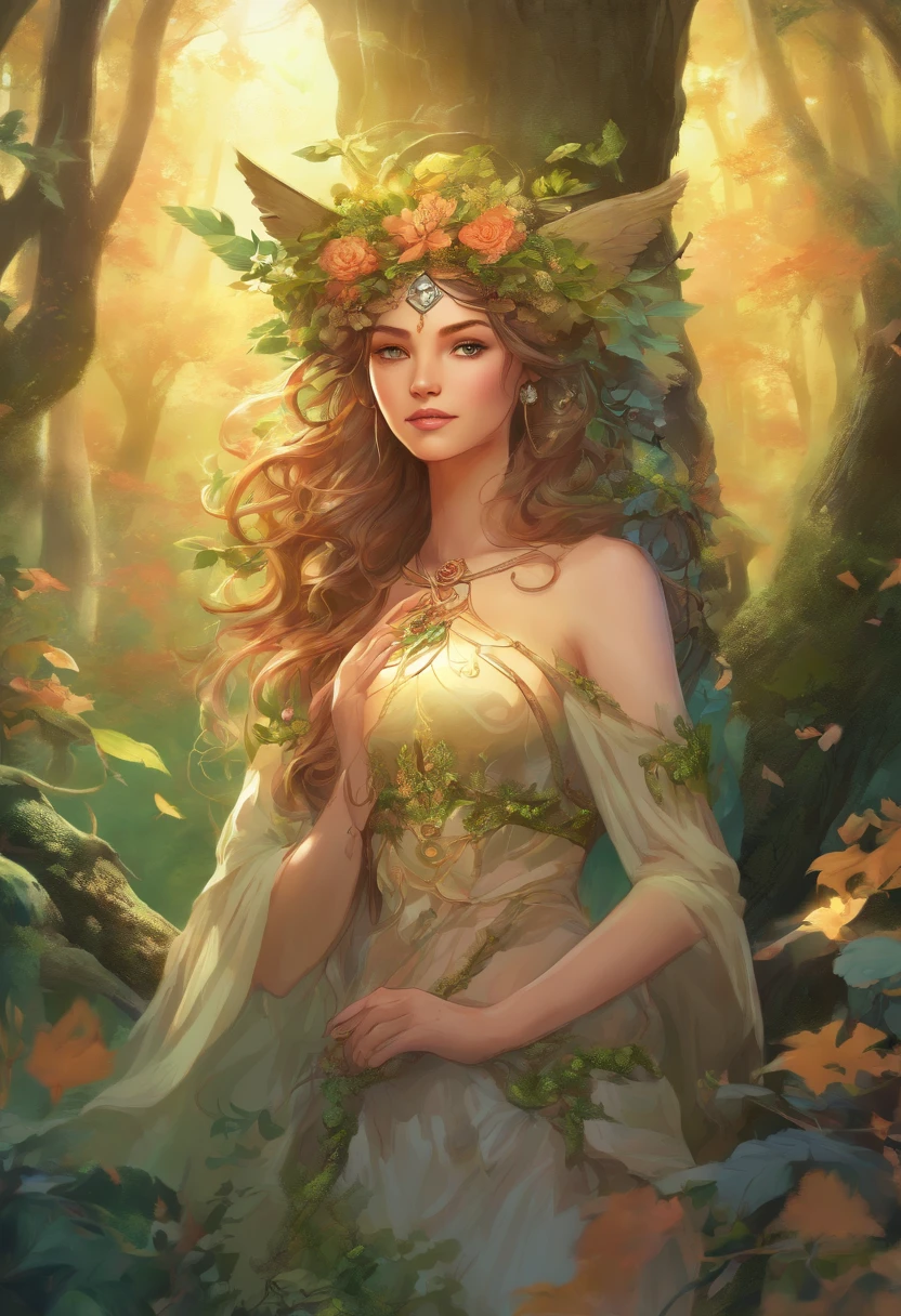 (best quality,4k,8k,highres,masterpiece:1.2),ultra-detailed,(realistic,photorealistic,photo-realistic:1.37),forest,captivating female Dryad creature,enchanted ethereal landscape,lush vegetation,majestic ancient trees,magical sunlight streaming through the branches,soft glowing moss covering the ground,faint transparent wings,delicate flowers blooming around her,fascinating eyes that emit a gentle glow,serene expression,graceful pose,artistic interpretation,subtle color palette,mystical atmosphere,playful and whimsical elements,mesmerizing presence,harmonious blending of the Dryad with her surroundings,immersive fantasy feeling,natural and realistic lighting