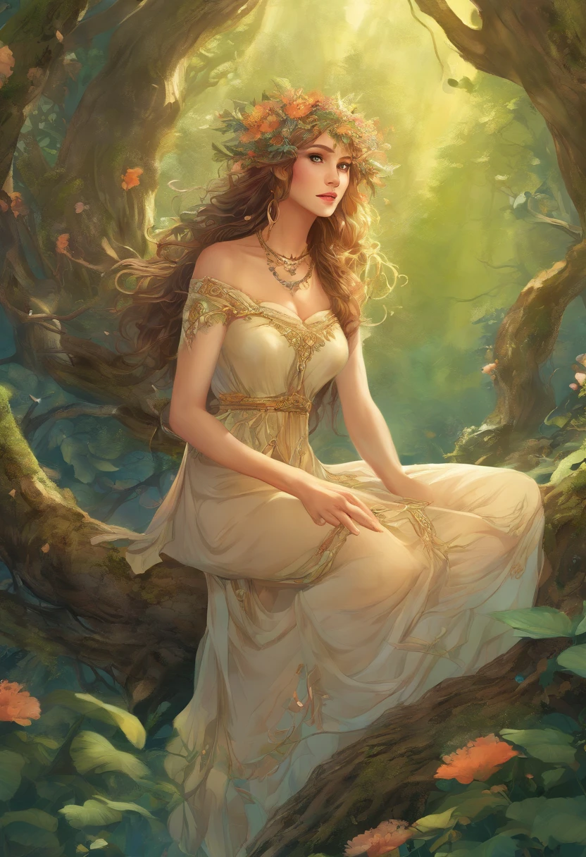 (best quality,4k,8k,highres,masterpiece:1.2),ultra-detailed,(realistic,photorealistic,photo-realistic:1.37),forest,captivating female Dryad creature,enchanted ethereal landscape,lush vegetation,majestic ancient trees,magical sunlight streaming through the branches,soft glowing moss covering the ground,faint transparent wings,delicate flowers blooming around her,fascinating eyes that emit a gentle glow,serene expression,graceful pose,artistic interpretation,subtle color palette,mystical atmosphere,playful and whimsical elements,mesmerizing presence,harmonious blending of the Dryad with her surroundings,immersive fantasy feeling,natural and realistic lighting