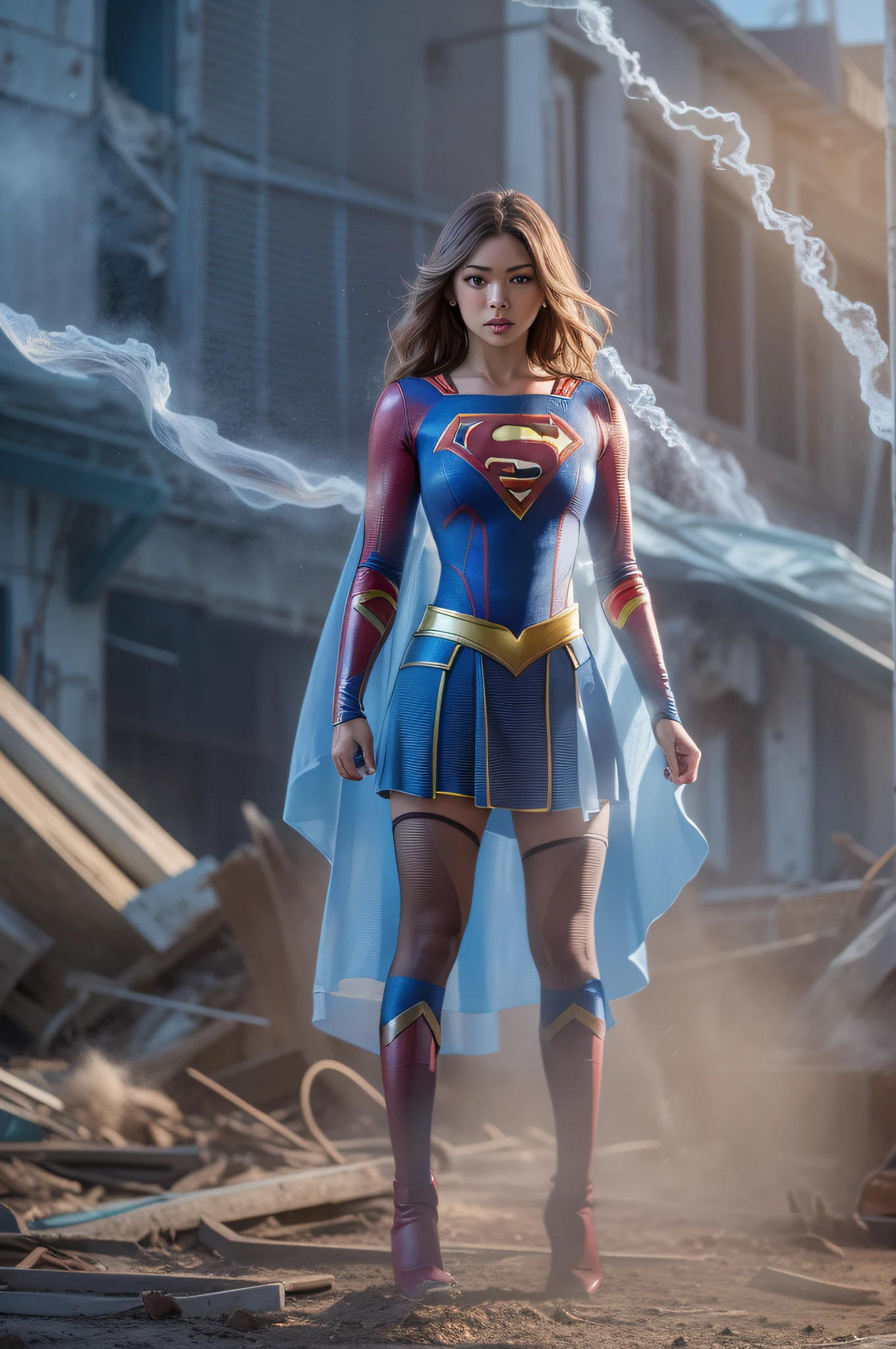 Zendaya in detailed (transparent 80%) ice blue (transparent 90% supergirl costume), large breasts, superhero pose, dark brown hair, standing in a ruined city at sunset, hyperdetailed, smoke, sparks, sunbeams, (8k), realistic, symmetrical, award-winning, cinematic lightning, soaked, film, 75mm, scratches, full body shot, close-up, torn and dirty clothes, detailed face,