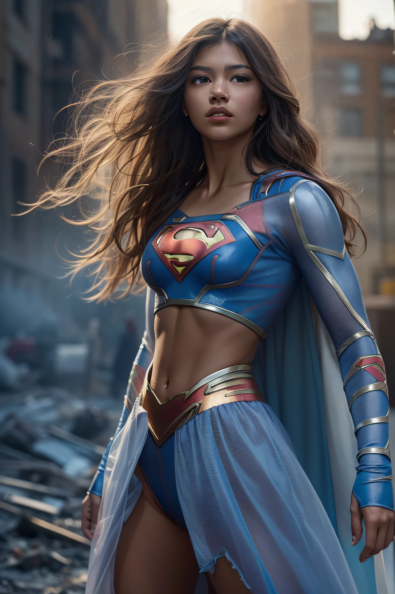 Zendaya in detailed (transparent 80%) ice blue (transparent 90% supergirl costume), large breasts, superhero pose, dark brown hair, standing in a ruined city at sunset, hyperdetailed, smoke, sparks, sunbeams, (8k), realistic, symmetrical, award-winning, cinematic lightning, soaked, film, 75mm, scratches, full body shot, close-up, torn and dirty clothes, detailed face,