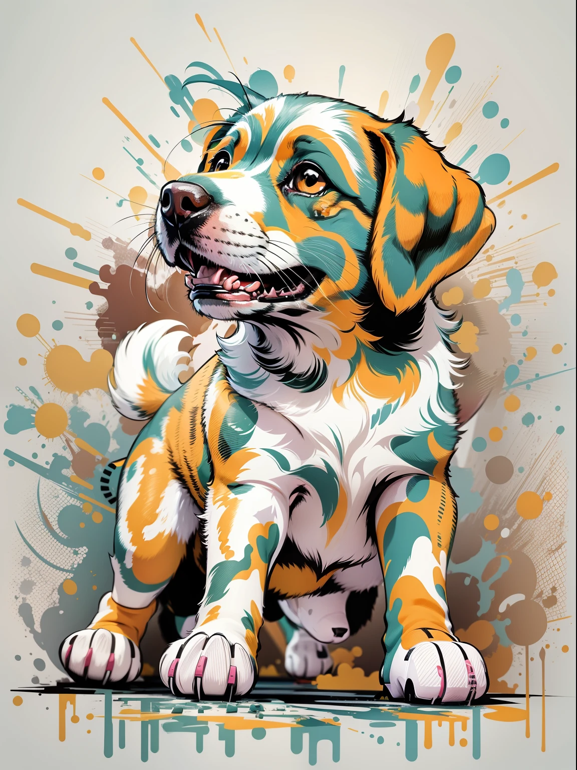 vector, Printable colorful graffiti, Puppy illustration, action SHOT, high detailing, white backgrounid