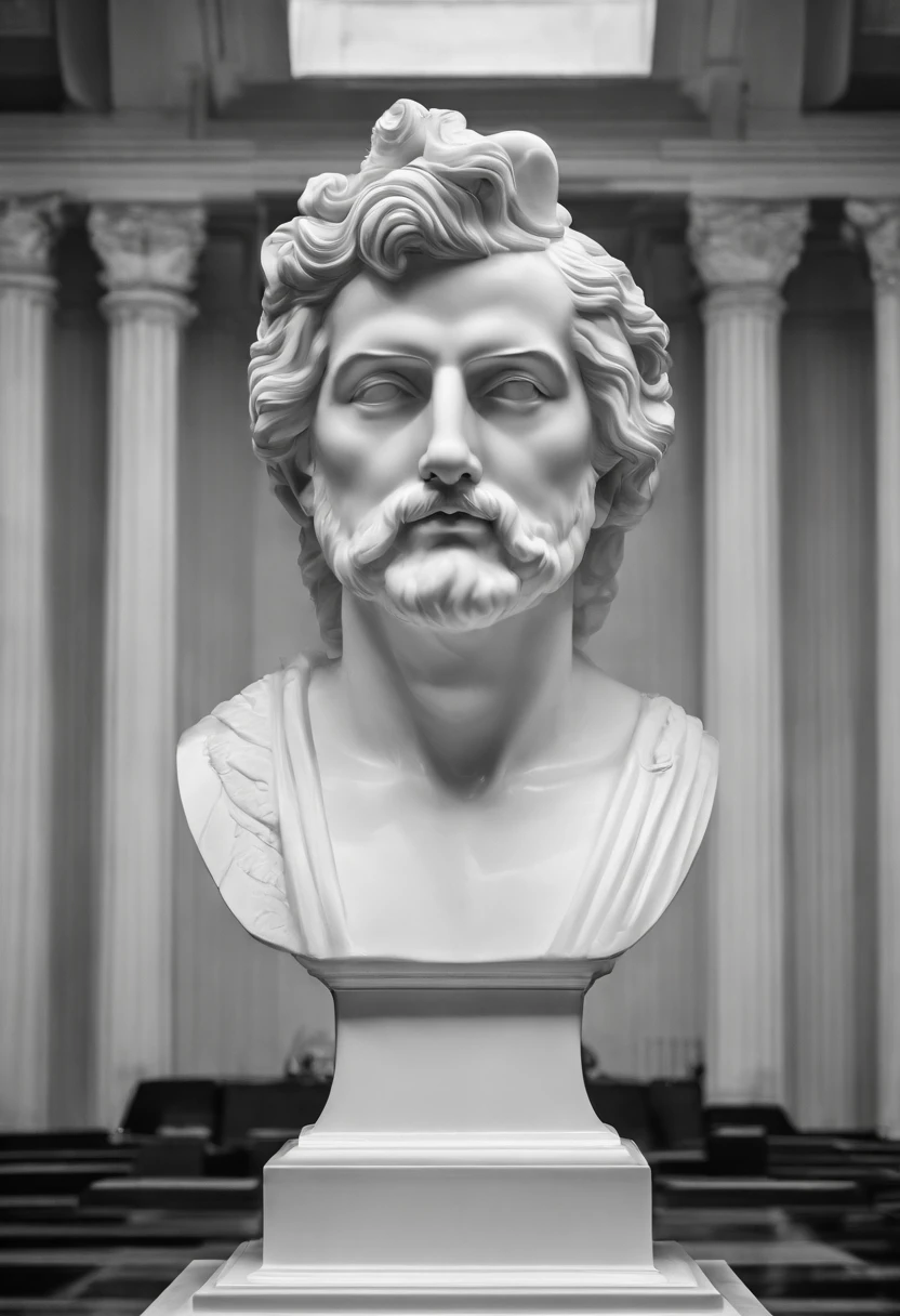Bust of the wise man in white marble statue,In the style of a bearded Greek philosopher in a museum. dark ambiance, High contrast between light and shadow, professional photoshooting, Utrelia Lista, Light volume, cinematic ligh,giant sword,muscle men,one-eyed,Cloak,short detailed hair,There is coercion
