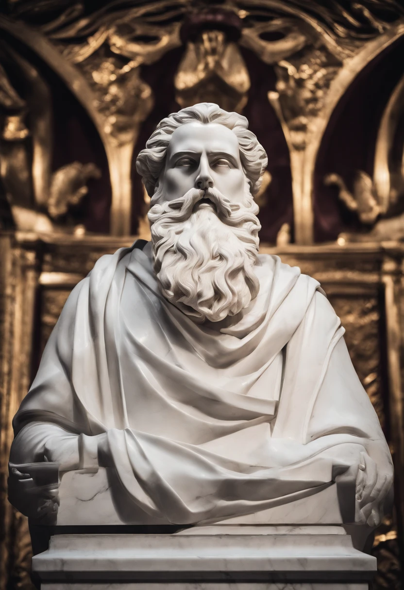 Bust of the wise man in white marble statue,In the style of a bearded Greek philosopher in a museum. dark ambiance, High contrast between light and shadow, professional photoshooting, Utrelia Lista, Light volume, cinematic ligh,giant sword,muscle men,one-eyed,Cloak,short detailed hair,There is coercion