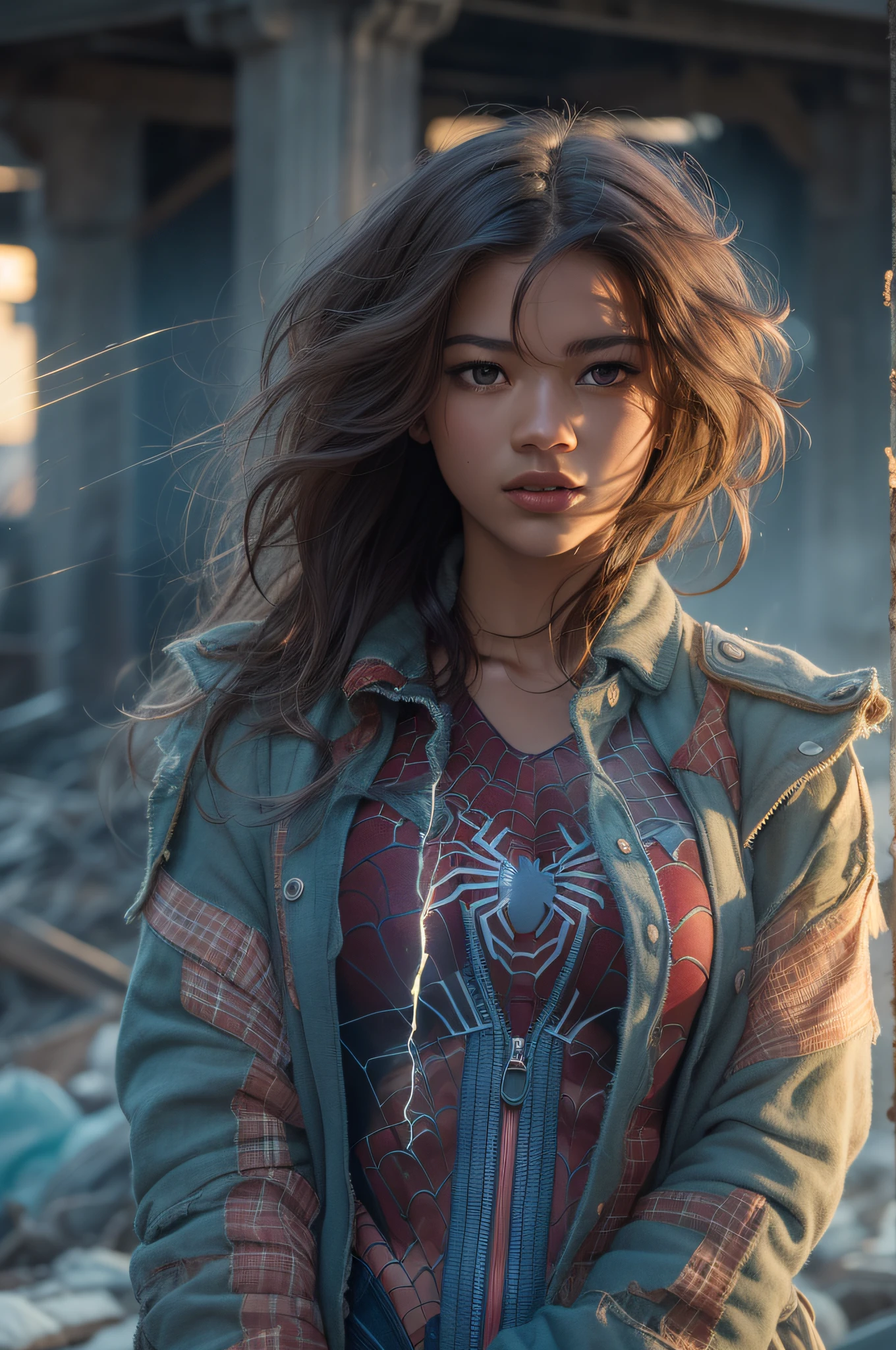 Zendaya in detailed (transparent 80%) ice blue (transparent 90% Spider-Man costume), large breasts, superhero pose, dark brown hair, standing in a ruined city at sunset, hyperdetailed, smoke, sparks, sunbeams, (8k), realistic, symmetrical, award-winning, cinematic lightning, soaked, film, 75mm, scratches, full body shot, close-up, torn and dirty clothes, detailed face,