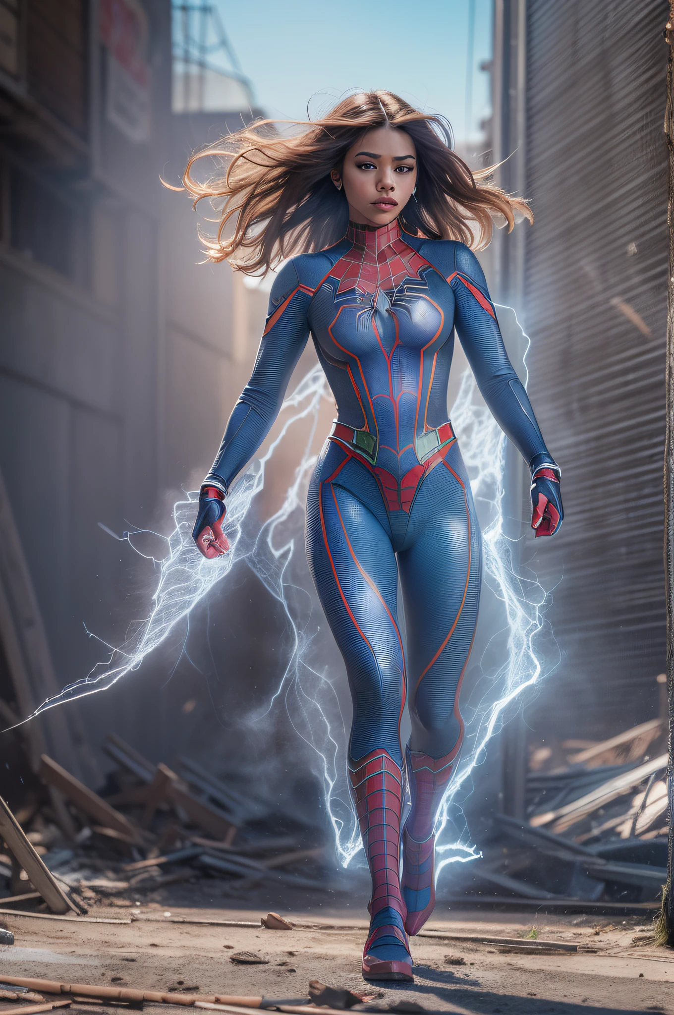 Zendaya in detailed (transparent 80%) ice blue (transparent 90% Spider-Man costume), large breasts, superhero pose, dark brown hair, standing in a ruined city at sunset, hyperdetailed, smoke, sparks, sunbeams, (8k), realistic, symmetrical, award-winning, cinematic lightning, soaked, film, 75mm, scratches, full body shot, close-up, torn and dirty clothes, detailed face,