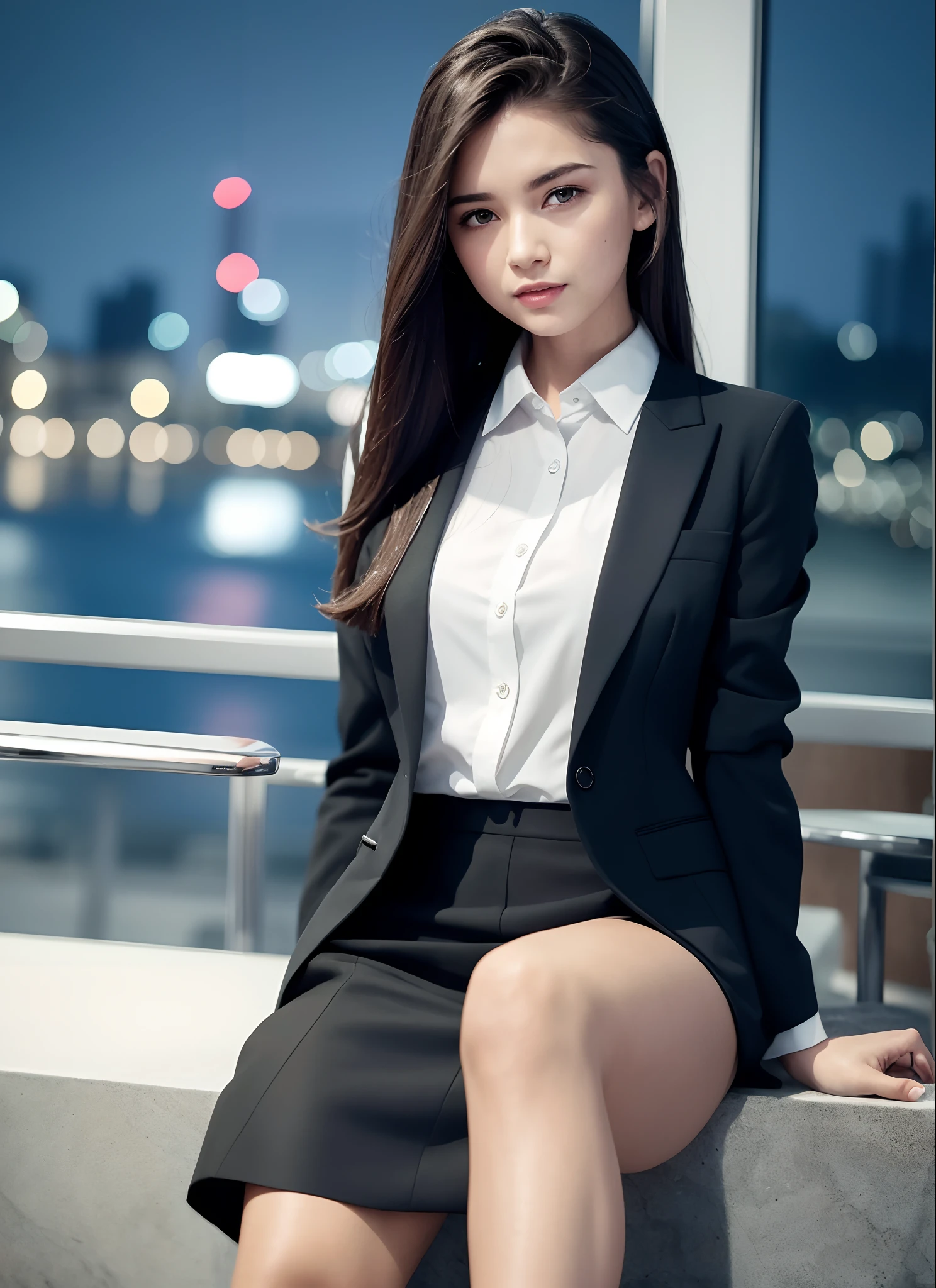 8K, best quality, masterpiece: 1.2) , super details, 1 girl, cute, independent, beautiful details sky, details cafe, night, sit down, date, (nose red) , sweet smile, (Smile: 1.15) , (shut up) small breasts, small beautiful details eyes, Turkish, (collar shirt: 1.1) , black and white business attire, night, wet, business dress, rain, long hair, brunette, flowing hair, NovaFrog style, cat,
