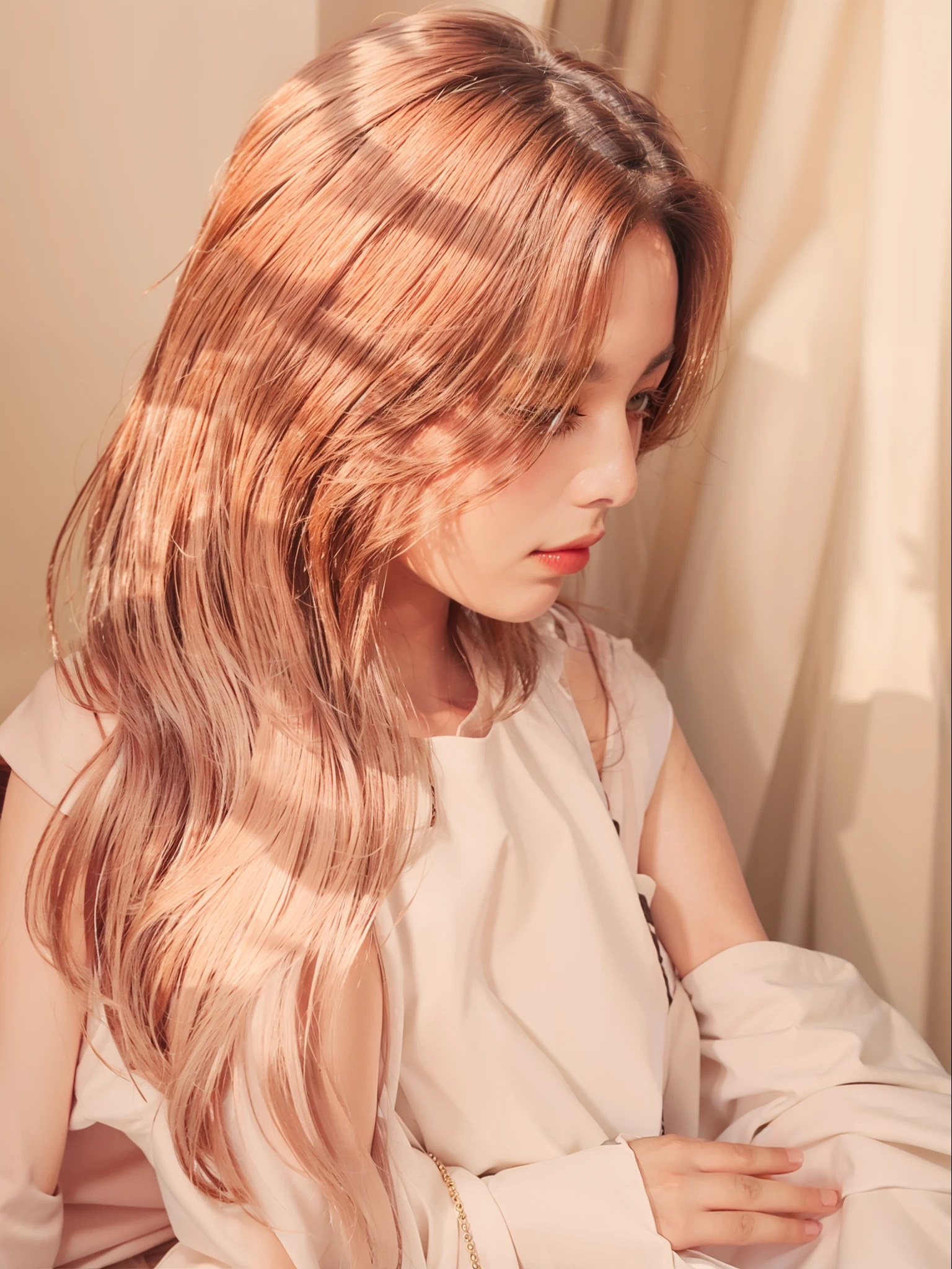 A woman with long hair looked down at a book