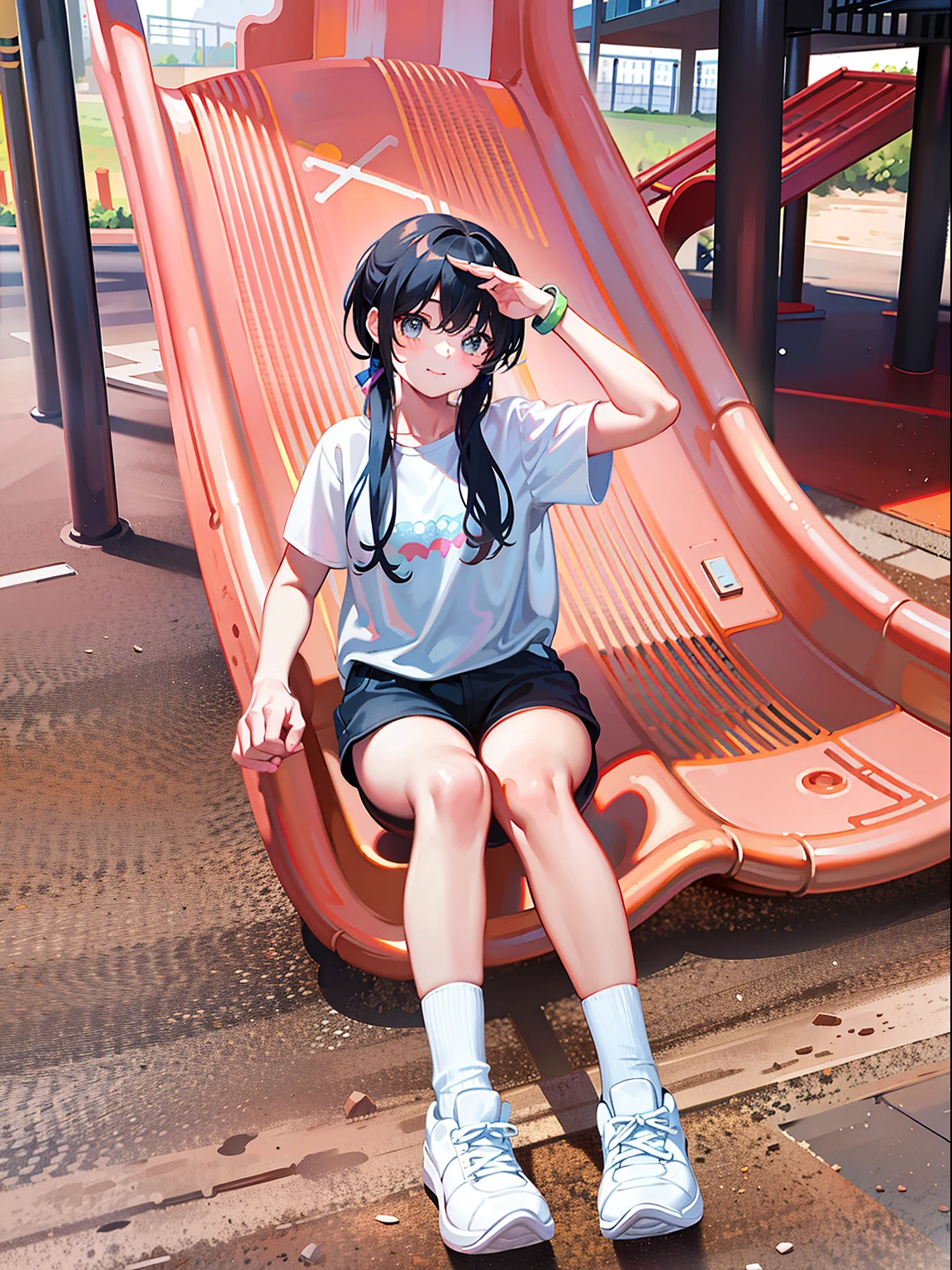 There is a young girl sitting on a slide in the playground, at park,  young and cute girl,  In Park, with a park in the back ground, Casual pose, cutecore, pony tails，Animation style