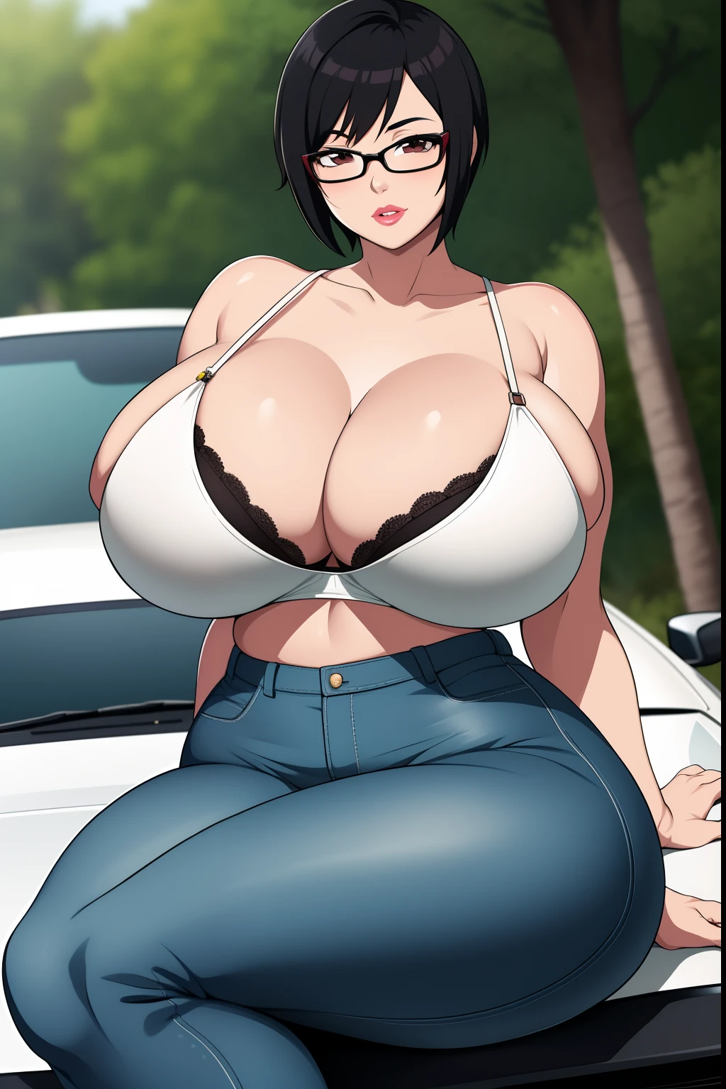 Shizune, 1girl, ((bimbo))), short black hair, glasses, puffy lips, painted lips, thick lips, wide hips, thick thighs, huge ass, bimbo face , enormous huge natural breasts, black bra, white jeans, sitting on car hood, hanging breasts, posing,
