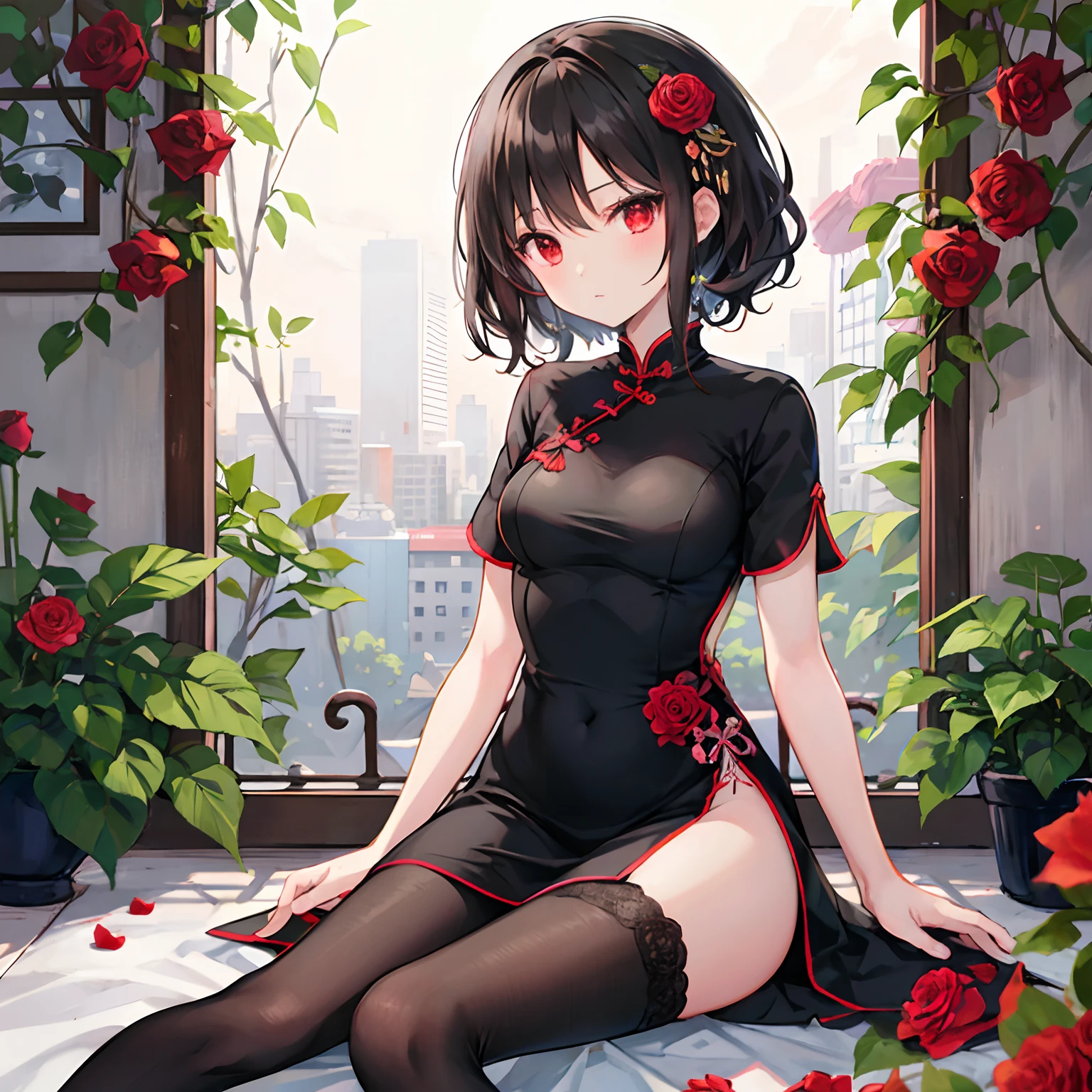Wavy black hair、red eyes、Beautiful girl alone、qipao dress、a miniskirt、Bright red rose garden、Black tights、sitting on