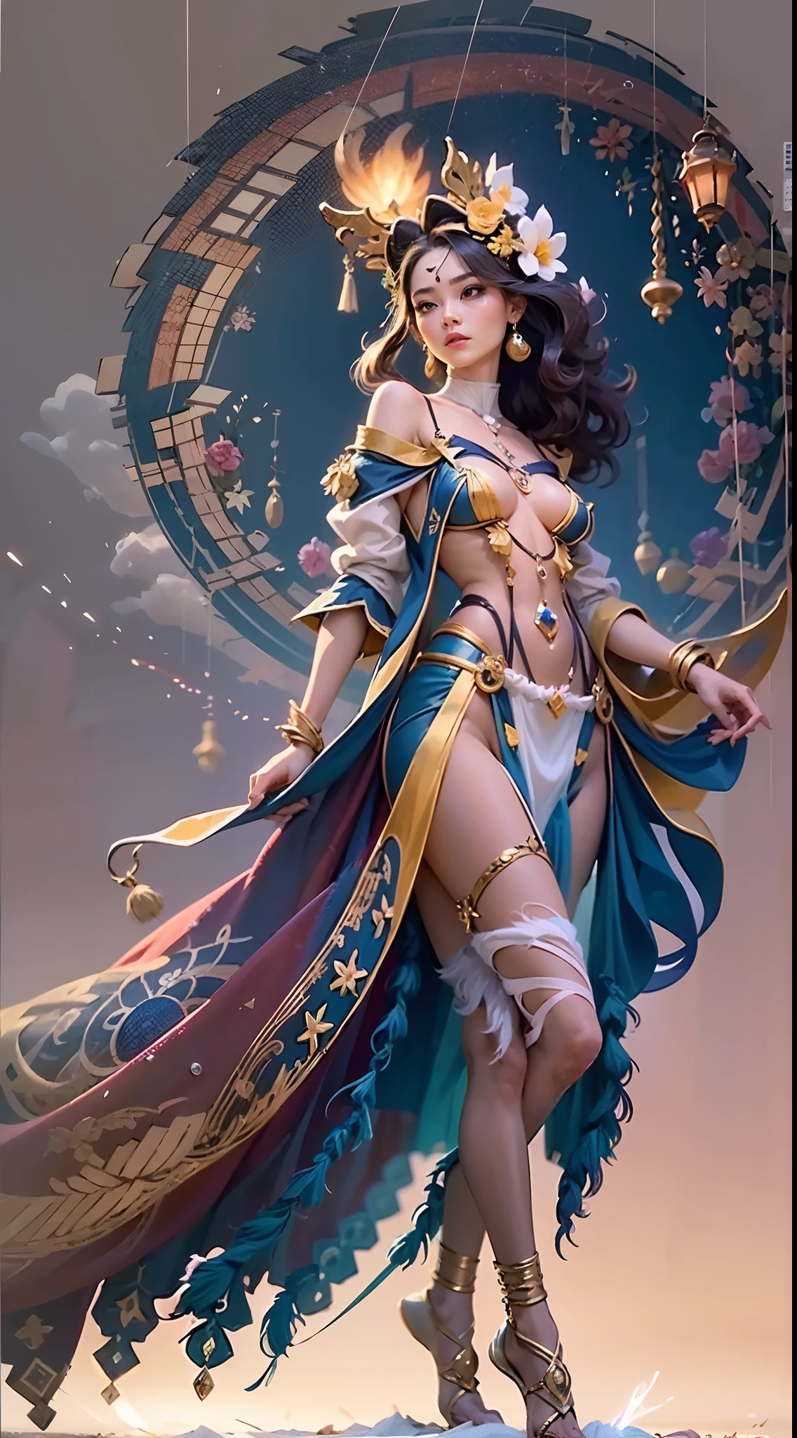 In the illustration of this super-grand scene,We enjoyed a fascinating sight,(Multiverse scene of various fireworks blooming:9.9)Convergence。In this intoxicating exterior,We see a mysterious Circe dancer,(The Circe dancer look incorporates Tiflin、the elf、fairy、Angels and many other magical fantasy races:9.99),ella(The whole body appears in the long-range shot:9.99)Half-dressed,She is graceful,Dance on the water。Her dancing magic keeps her costumes changing,Into(Brilliant fireworks in the sky:9.99)In the background,Adds an unpredictable charm to the whole scene。The dancing of the Circe dancers is intoxicating,Her rainbow cape fluttered behind her like a flying carpet。This cape consists of different styles、colours、Made from small parts of materials and styles,The trailing tail is long and beautiful。Her dancing trajectory is accompanied by the glare effects of neon lights and magical stars,Blend in with your surroundings,Creates a stimulating atmosphere for the senses。Circe dancers have an extra-tall figure and curved curves that explode,Her body features are full of seductive sexiness。Her physical appearance includes::(K-cup size with wide silhouette is oversized and teardrop-shaped chest:9.99)、(Narrowed sternum and waist and abdomen:6.66)、Charming face、(Huge Kaziran colored eyes:99.99)、Makeup、Slender neck、Beauty collarbone、Slender arms、(Graceful hands that are ergonomic and physiologically normal:9.99)、Slender waist and abdomen、Round buttocks and slender long legs,Showcases attractive curves and lines。Use Midjourney's advanced brush tools、Color palettes and texture packs,We are the faces of Circe dancers、skin、Costumes and rainbow capes give intricate textures,While increasing realism(Again add the super-large chest contour and inflate the chest:9.99)And make Jushuo teardrop chest soft elastic oil,She also made her costume and cape blend different materials,Show a variety of styles,From evening dresses to princess dresses to tulle,(Full of creativity and fashion:6.66)
