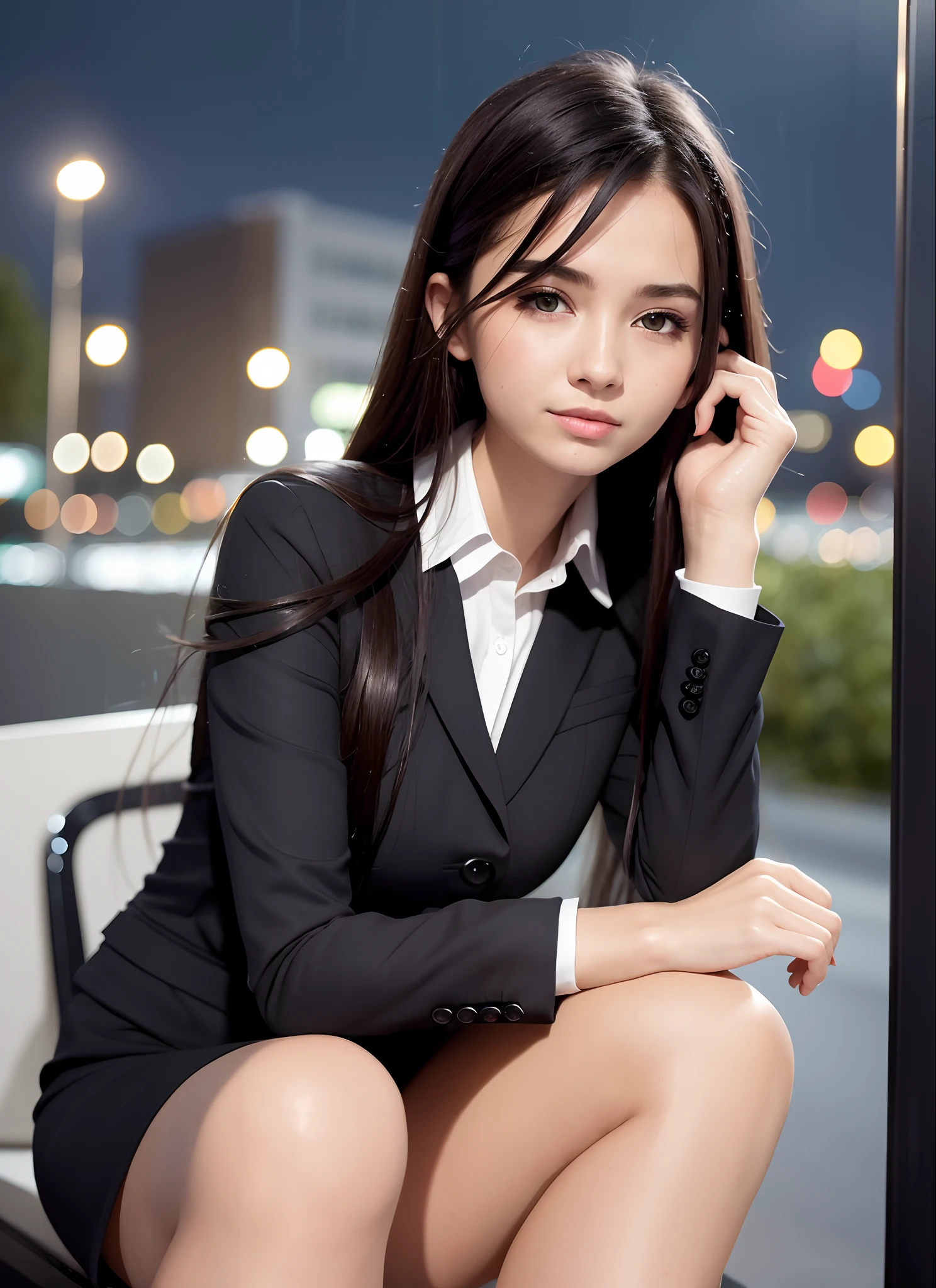 8K, best quality, masterpiece: 1.2) , super details, 1 girl, cute, independent, beautiful details sky, details cafe, night, sit down, date, (nose red) , sweet smile, (Smile: 1.15) , (shut up) small breasts, small beautiful details eyes, Turkish, (collar shirt: 1.1) , black and white business attire, night, wet, business dress, rain, long hair, brunette, flowing hair, NovaFrog style, cat,