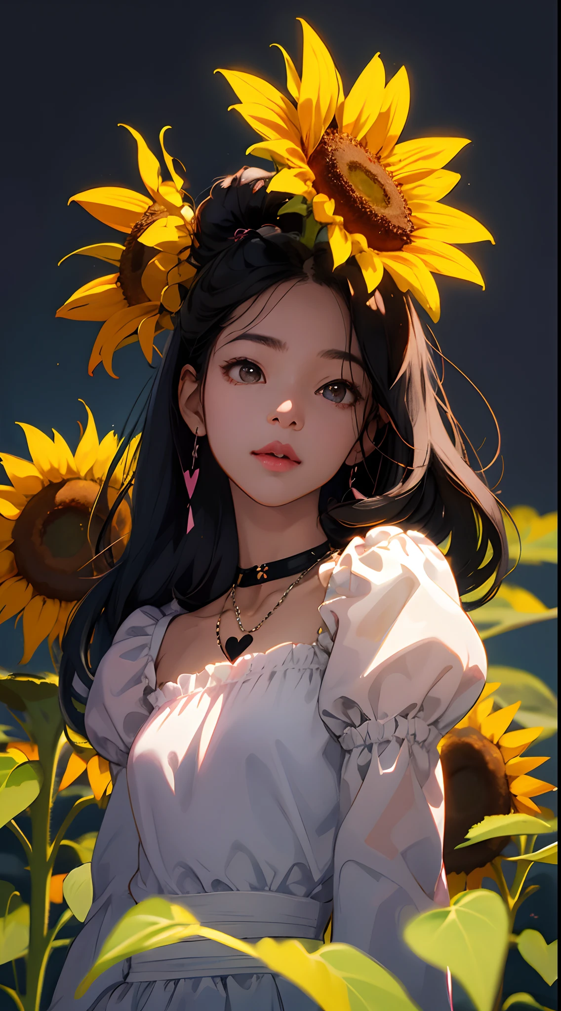 A cute little girl, anime smooth skin, long  hair, half body , wearing a black square neck top with puff sleeves, wearing a heart shape chain in neck, pink lips , high quality, clear skin, background is sunflower garden, black hair, day light,