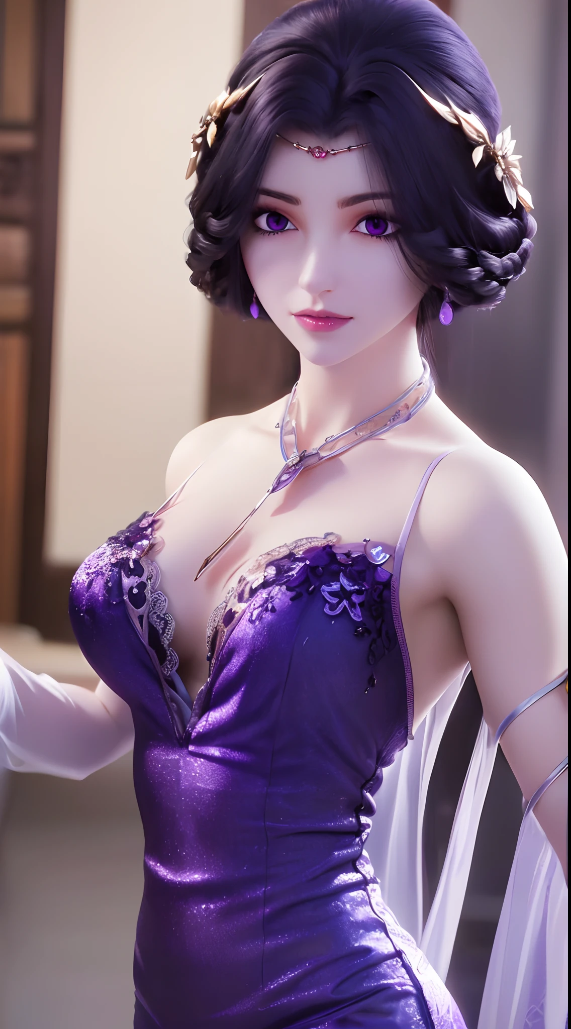 A beautiful sexy 20 year old girl, ((wearing a silk camisole and a very thin and sexy antique dress:1.8)), Extremely voluptuous girl in a small camisole, long hair and purple bangs, most beautiful and detailed hair jewelry, ((wearing a light purple lace necklace:1.6)), Super cute little face Extremely beautiful face, thin eyebrows, the most beautiful and flawless face, ((black eye pupil:0.8)), very beautiful eyes, ((purple eyes:1.4)), hairy beautiful and detailed makeup eyelashes, high nose, earrings,thin lips, plump red lips, ban on laughing, beautiful lips, slender arms, The most beautiful thighs, ((2 arms reaching out to the sides: 1.5)), healthy limbs, rosy face, clean face, beautiful face without blemishes, smooth white skin, (big breasts: 1.5)), Blums breasts, beautiful cleavage, ((big and super round breasts: 1.8)), ((super tight breasts: 1.4)), ((breast augmentation: 1.6)), beautiful breasts, 2 hands behind your back, upper body of a beautiful girl, 8k photo, super high quality, super realistic, 10x super pixels, actual photo, dark studio, border light, two-tone lighting color, (high detail skin: 1.2), 8k ultra, soft light, high quality, volumetric light, candid, Photo, high resolution, light, best photo, 4k quality, 8k, bokeh, Smooth and sharp, 10x pixelated, (galaxy: 1.7), aurora, lightning, super graphics, most realistic graphics, alone, solo, Extremely sharp, surreal image, ((frontal portrait :1.2))."