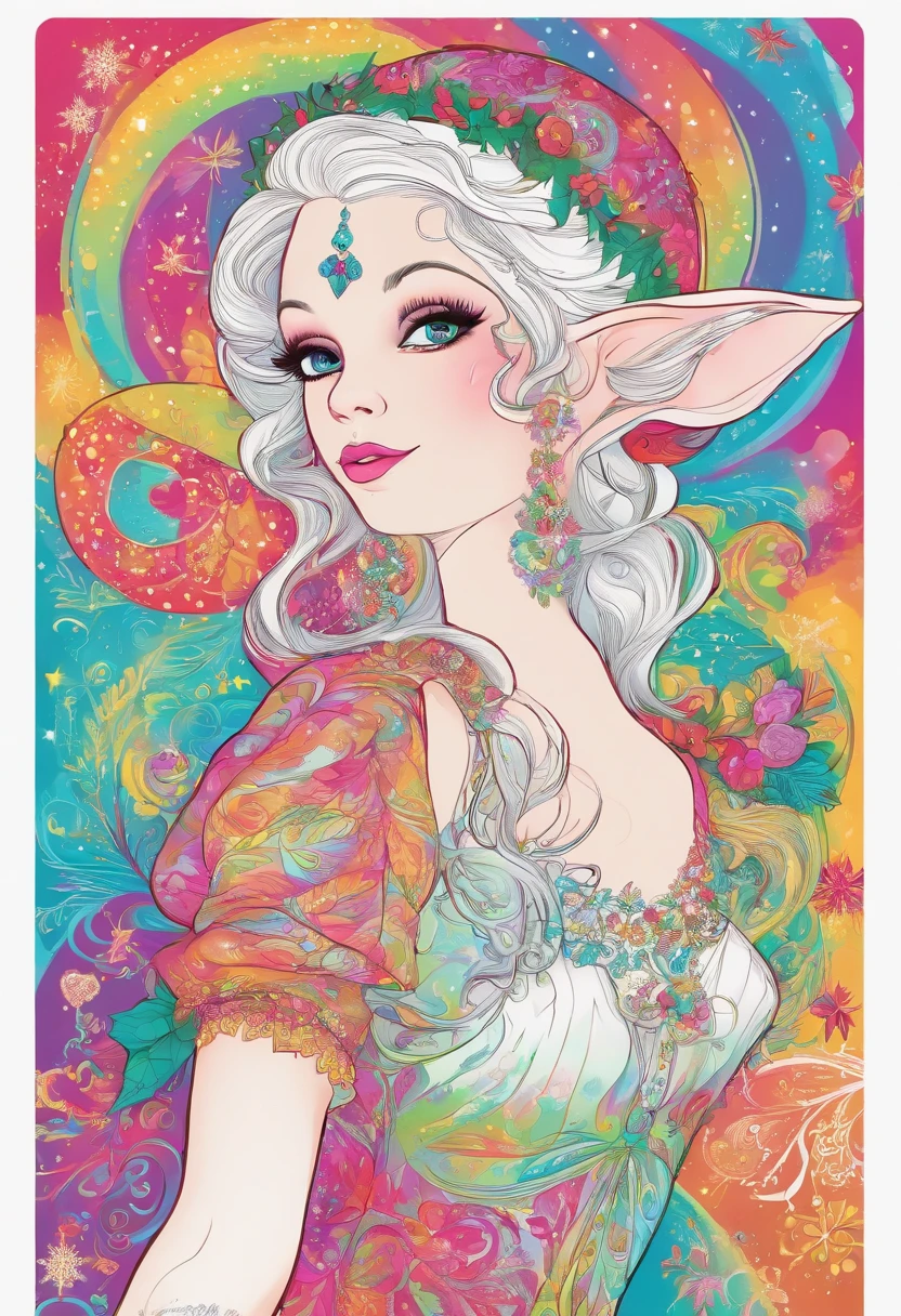 Christmas elf in the style of Lisa frank, line-art, white background