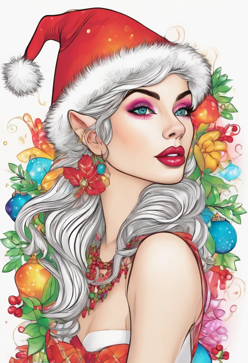 Christmas elf in the style of Lisa frank, line-art, white background